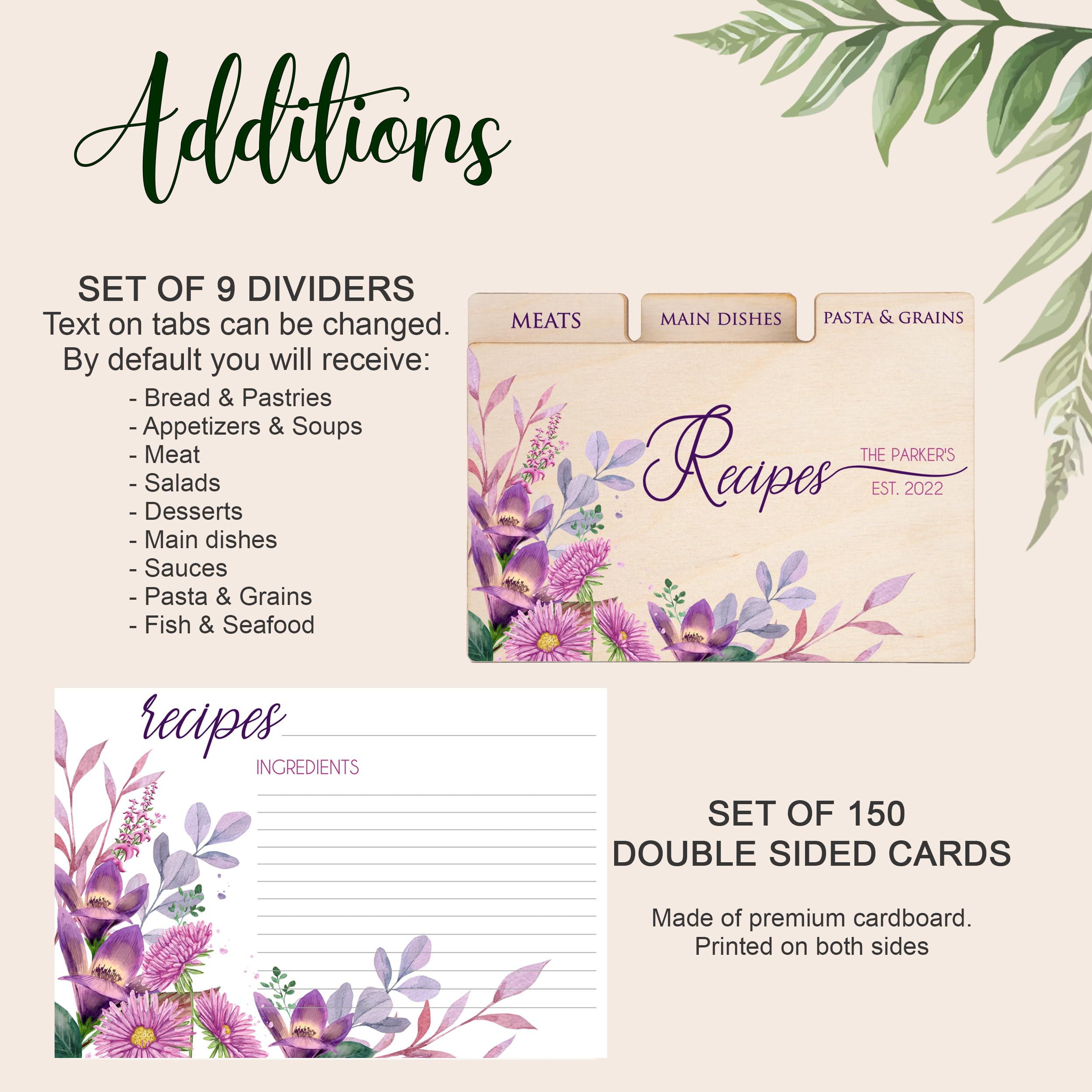 Personalized Wooden Recipe Box with Dividers & Recipe Cards - Floral Design Recipe Organizer - Anniversary Gift for Wife, Bridal Shower Gift for Daughter - Perfect for Kitchen Organization & Family Recipe Storage