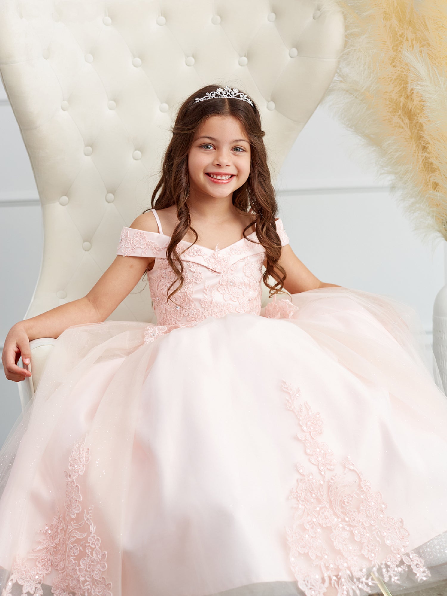 Big Girls Blush Off Shoulder Lace Applique Corset Back Pageant Dress Sizes 8-16 | Elegant Prom, Quinceañera, Pageant & Formal Event Gown