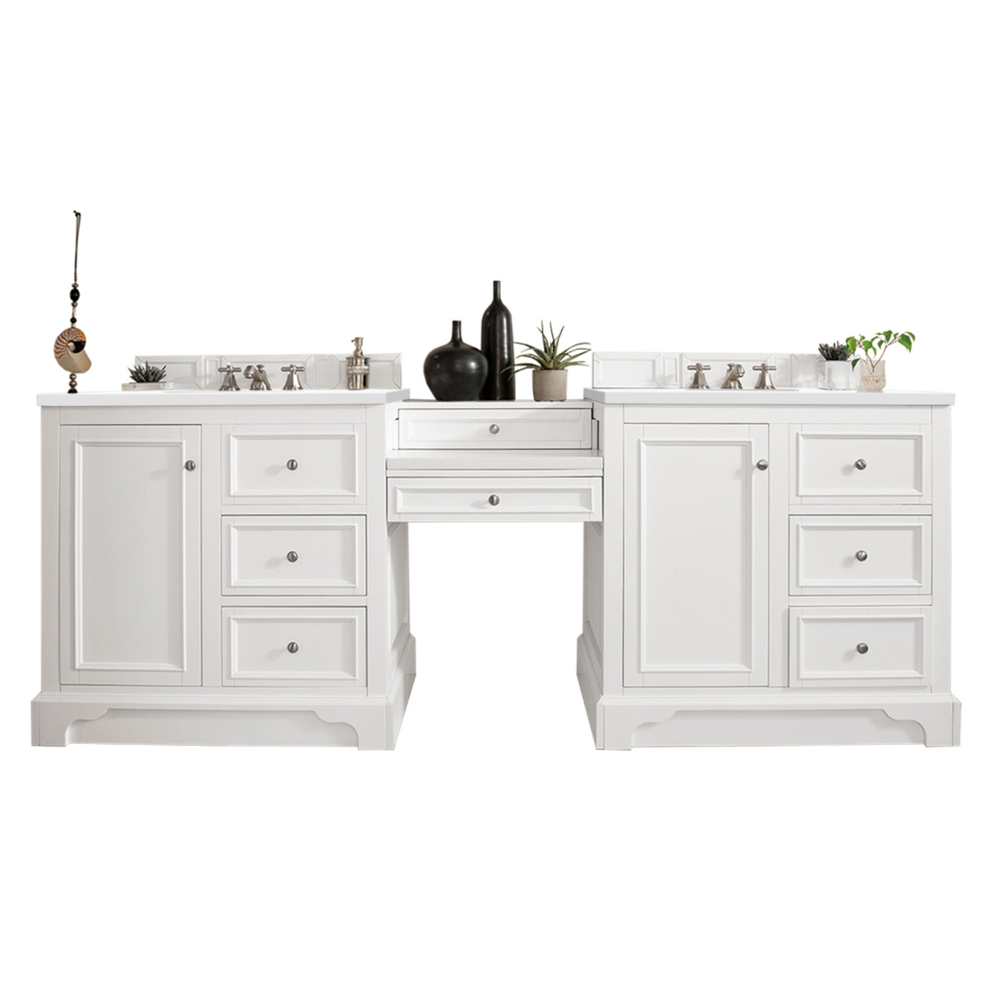 De Soto 94 Double Vanity Set with Makeup Table - Bright White Finish & 3CM White Zeus Quartz Top | Perfect for Bedroom, Bathroom & Dressing Room Organization