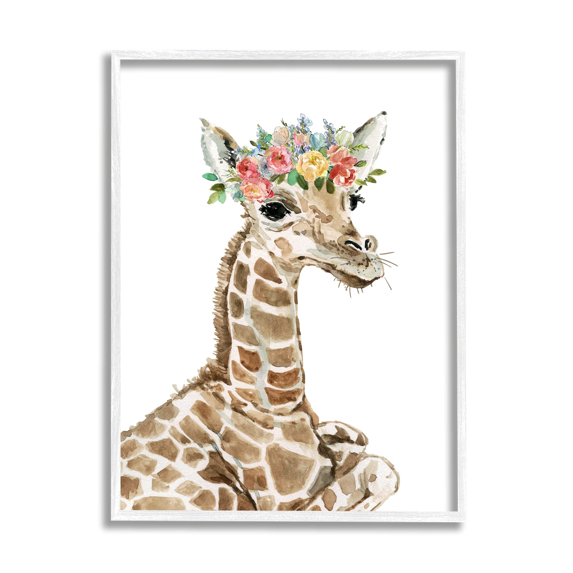 Stupell Industries Baby Giraffe Boho Fashion Spring Floral Crown Wall Art - Designed by Carol Robinson - White Framed Canvas Print 24x30 Inches - Brown Nursery Decor for Baby Room, Kids Bedroom & Playroom
