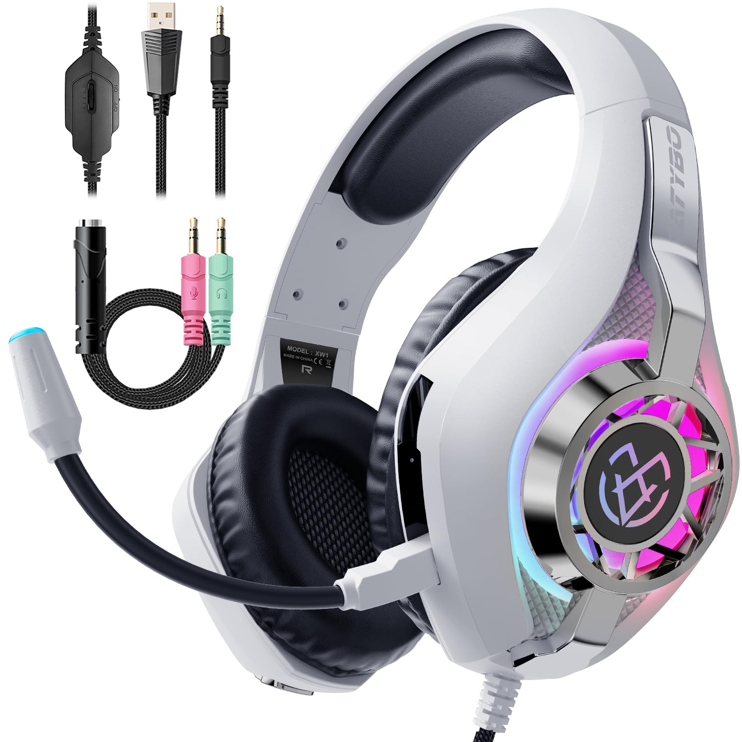 Tatybo Gaming Headset with Microphone, Surround Sound Over-Ear Headphones for PS5, PS4, Xbox One, PC, Mac, Nintendo Switch - Comfortable Large Ear Cups - Perfect for Gaming, Streaming & Online Meetings (White)