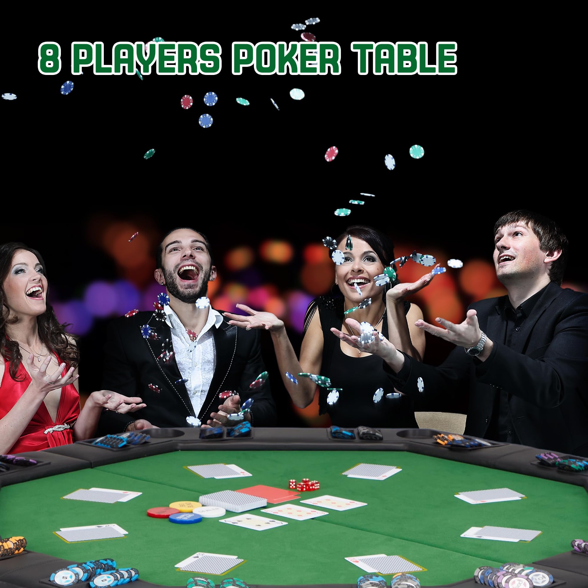 ECOTOUGE Foldable Poker Table - 8 Player Octagon Texas Holdem Poker Table with Chip Trays & Collapsible Legs | Portable Casino Game Table for Blackjack, Poker Nights & Home Entertainment | Easy Assembly, Green
