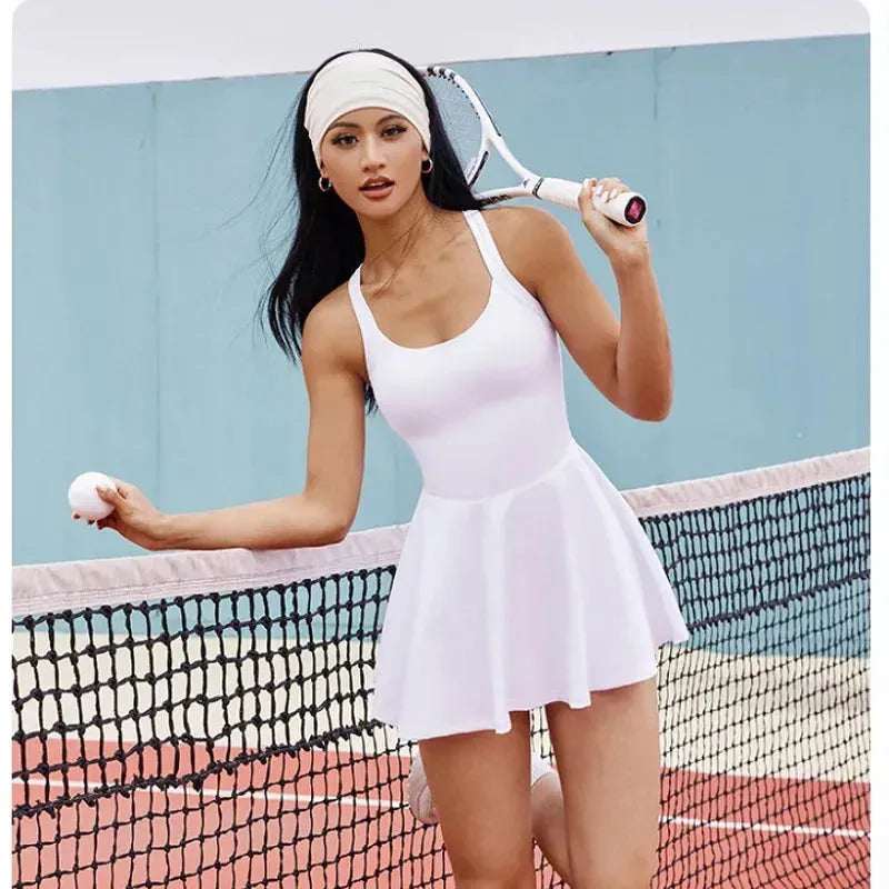 Women's Slim Fit Tennis Dress - One Piece Jumpsuit for Sports & Fitness with Chest Pads | Golf, Badminton, Yoga & Skort Outfit | Breathable Cross Back Tracksuit for Workouts & Court Performance