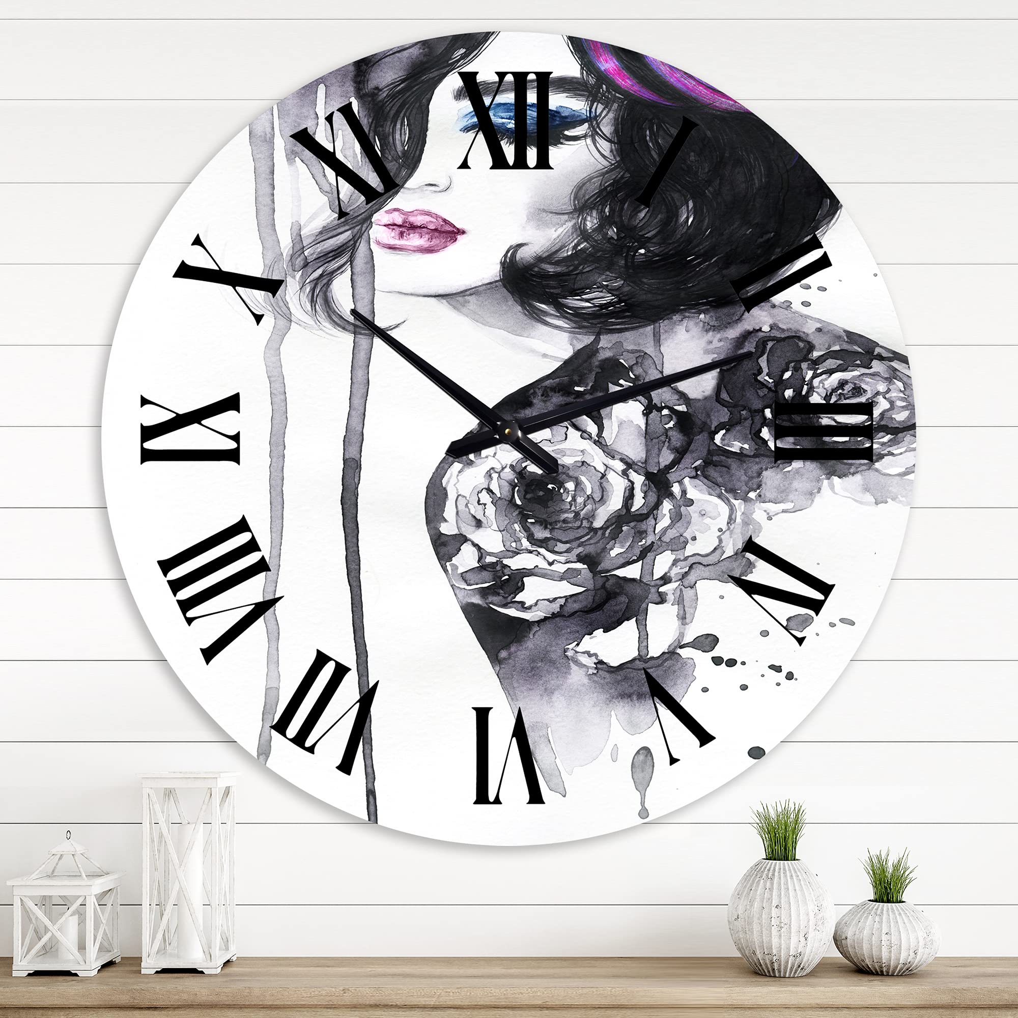 DesignQ Modern Large Wall Clock with Female Portrait Painting - Elegant Living Room Decor for Home & Office | Perfect for Wall Art, Gifts, and Stylish Interior Design
