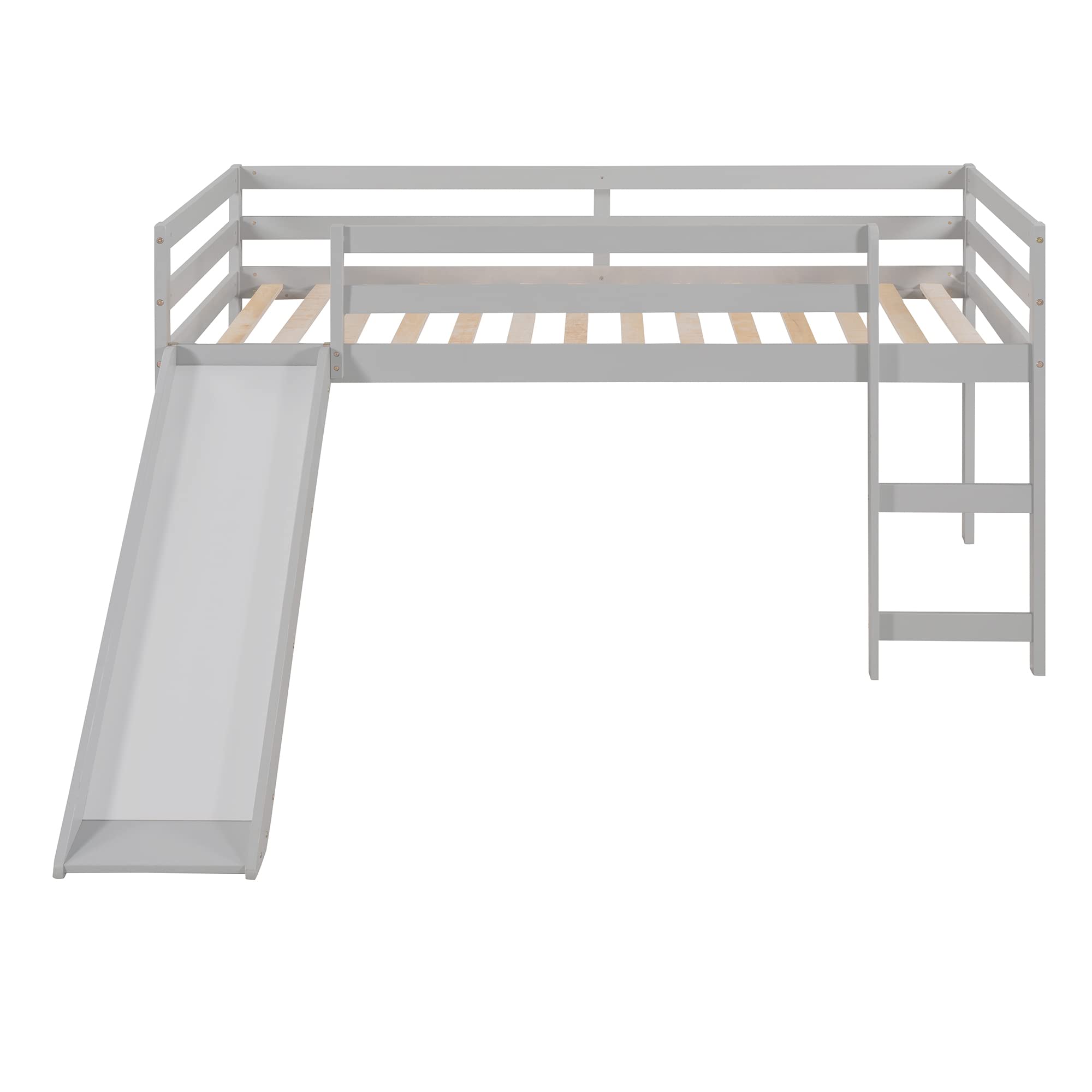 Kids Twin Loft Bed with Slide & Ladder - Multifunctional Wooden Low Profile Mini Loft Bed for Children's Room - Perfect for Small Spaces, Playrooms & Sleepovers (Gray)