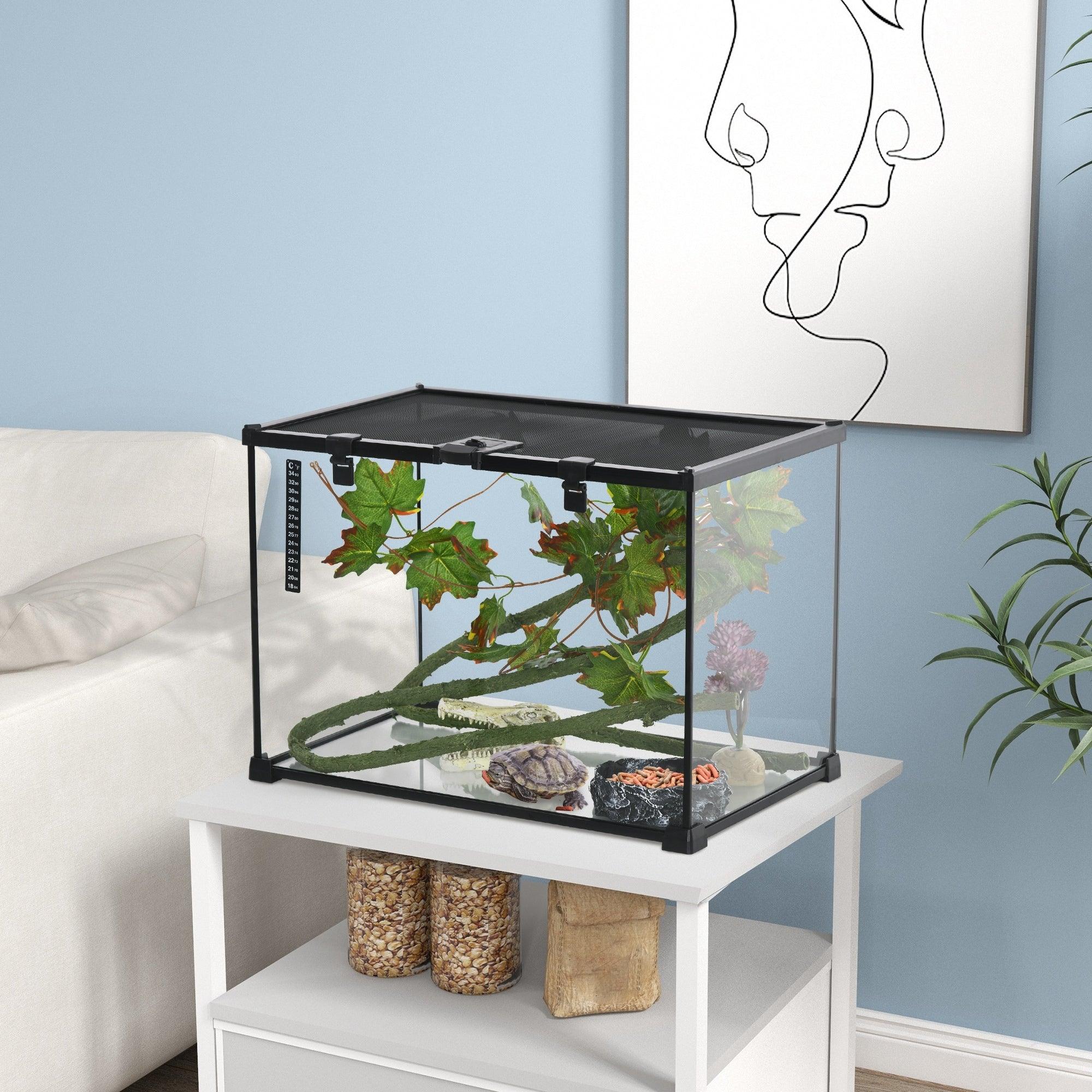 14 Gallon Reptile Glass Terrarium Tank with Decor Kit - Full View Breeding Enclosure with Sliding Screen Top for Lizards, Frogs, Snakes & Spiders (20