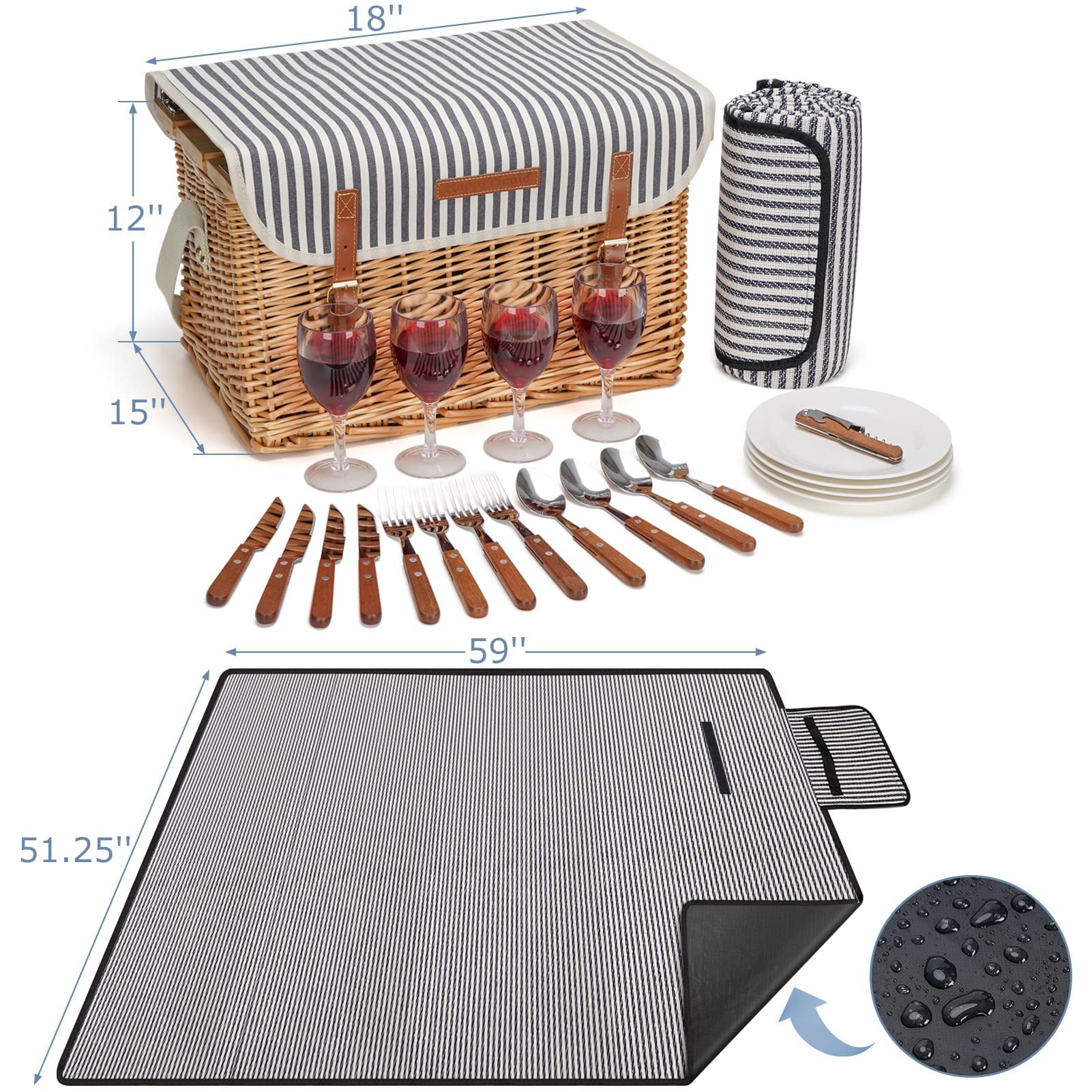 4-Person Wicker Picnic Basket Set with Blanket & Bamboo Wine Table - Portable Willow Hamper for Camping, Beach, Outdoor Parties & Romantic Dates - Perfect Picnic Gift for Couples & Families