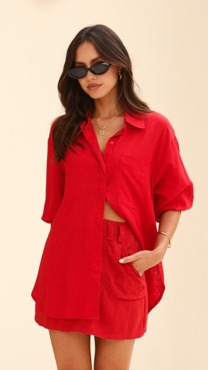 Charla Button Up Top for Women - Stylish Red Blouse for Casual & Office Wear | Perfect for Work, Dates & Everyday Outfits