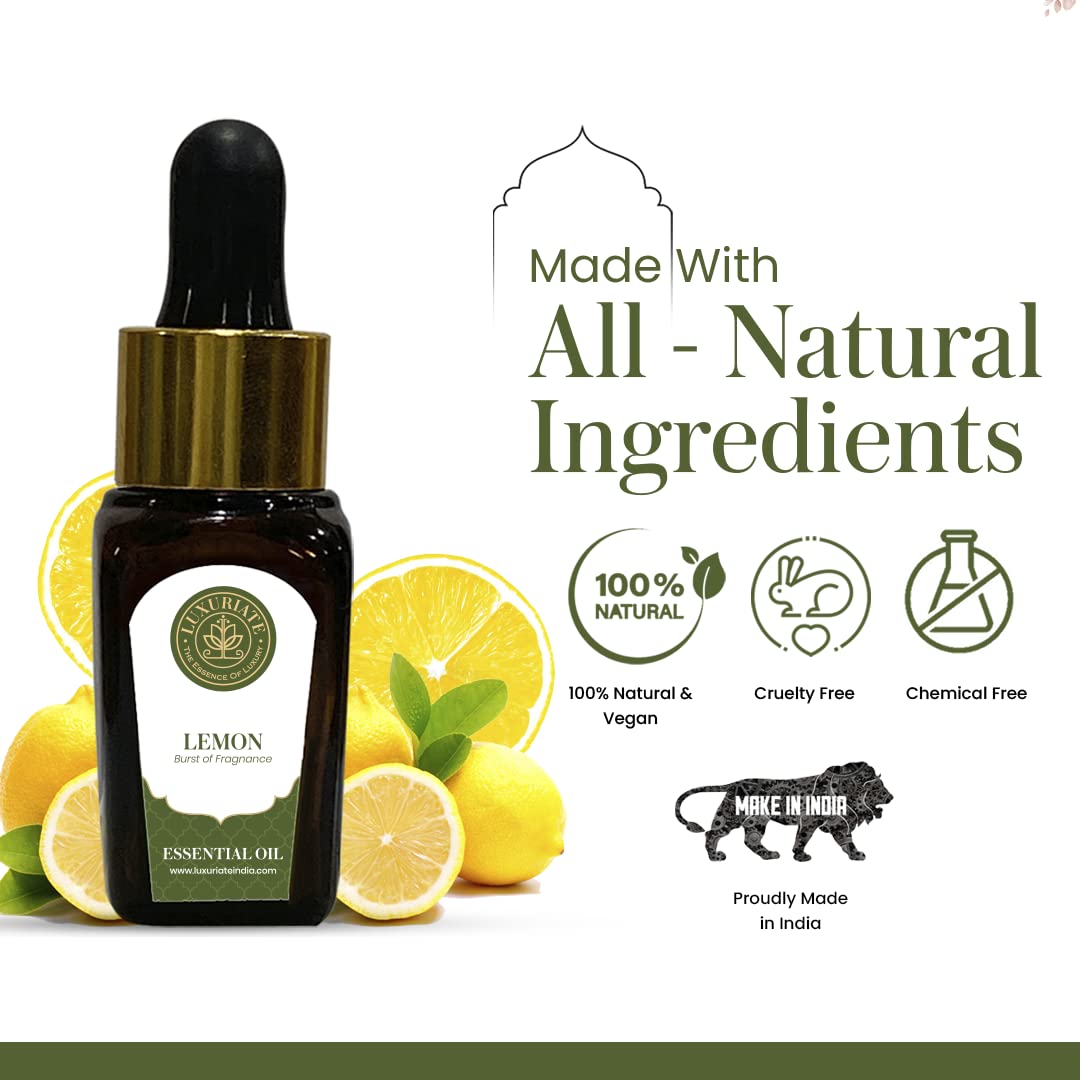 100% Pure Natural Lemon Essential Oil for Hair Growth, Skin Care, Acne Treatment & Aromatherapy - 10ml Diffuser Oil for Home Fragrance, Relaxation & Stress Relief | Perfect for DIY Beauty, Massage & Spa