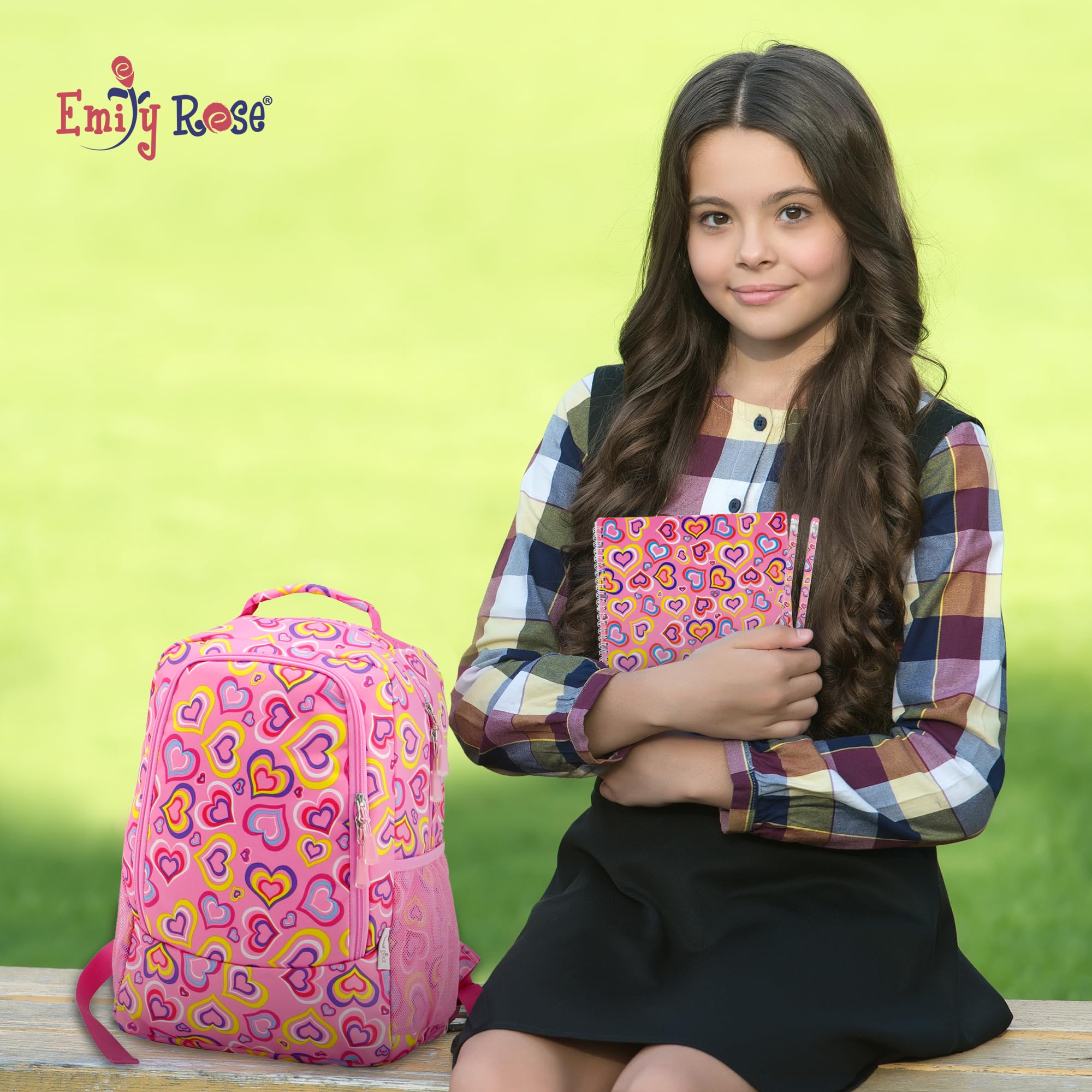 Emily Rose Kids Backpack 16 Inch - School Bookbag for Elementary & Kindergarten Girls with Notebook & Pencils - Cute Playful Hearts Design - Perfect for School, Travel, Daycare & Outdoor Adventures