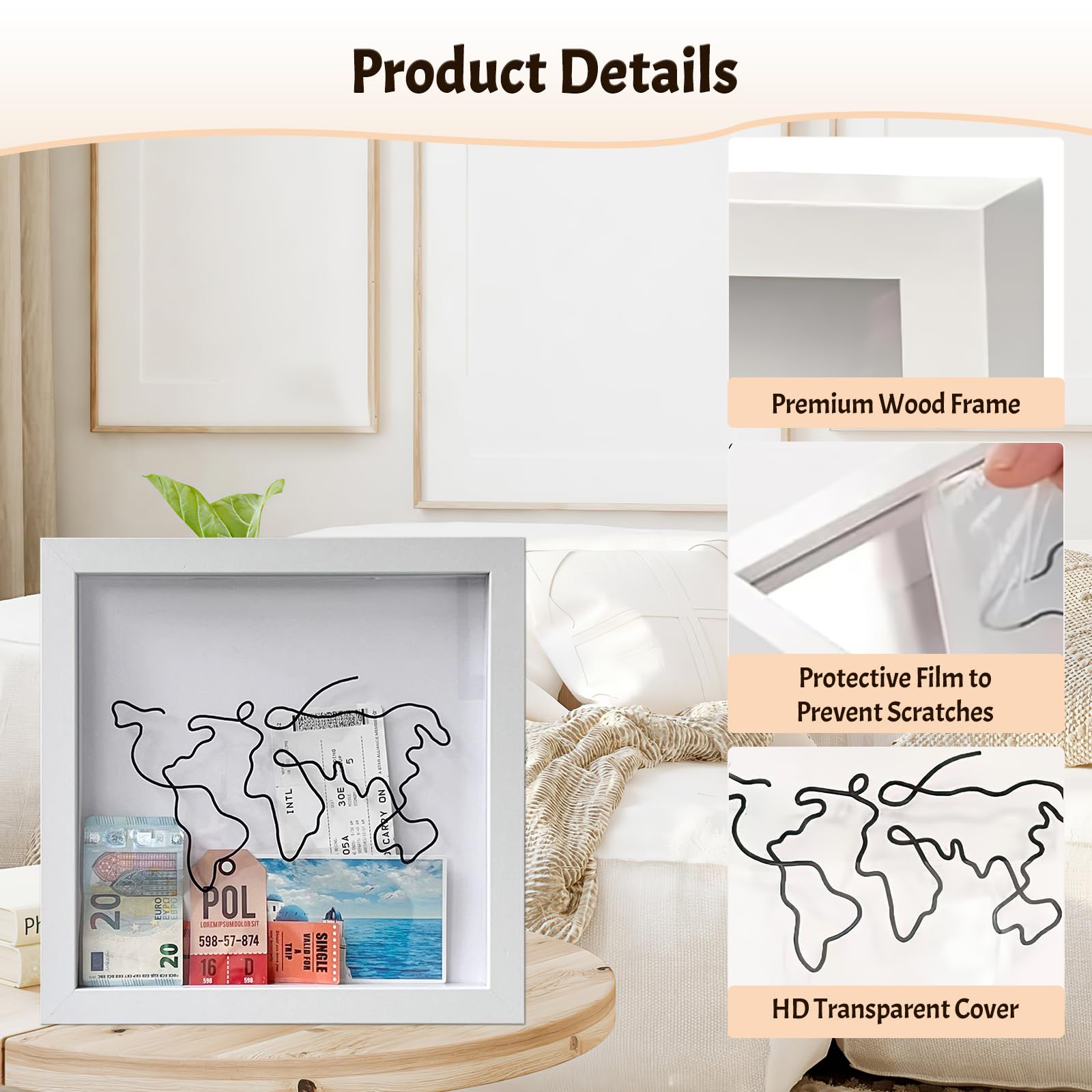12x12 Inch Travel Adventure Shadow Box - Top Loading Memory Keepsake Box for Tickets, Photos & Mementos - Perfect for Concert Tickets, Travel Souvenirs & Family Memories (Black & White) - Great for Wall Display, Home Decor & Gift Giving