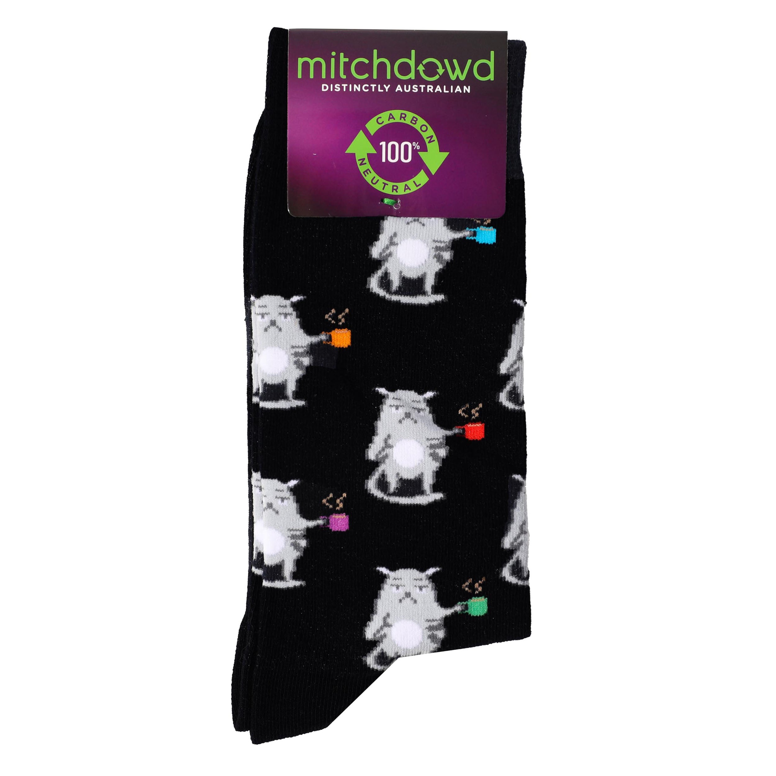 Men's Coffee Cat Cotton Crew Socks - Black | Comfortable Novelty Socks for Casual Wear & Gifts