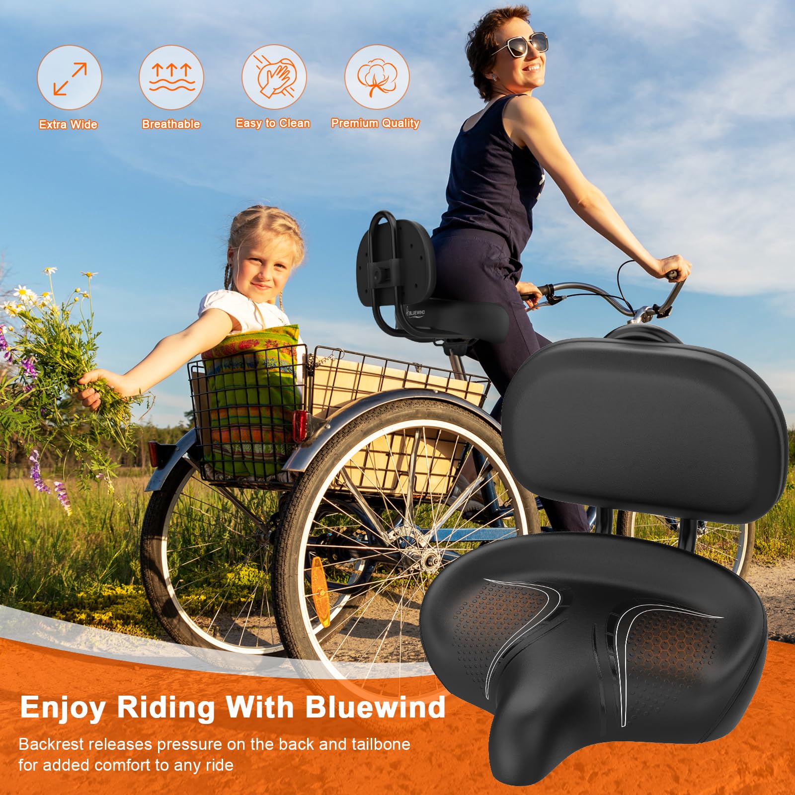 **BLUEWIND Oversized Bike Seat - Wide Comfortable Bicycle Saddle with Backrest for Electric, Exercise & Stationary Bikes - Universal Fit for Men & Women - Perfect for Long Rides, Commuting & Indoor Cycling**