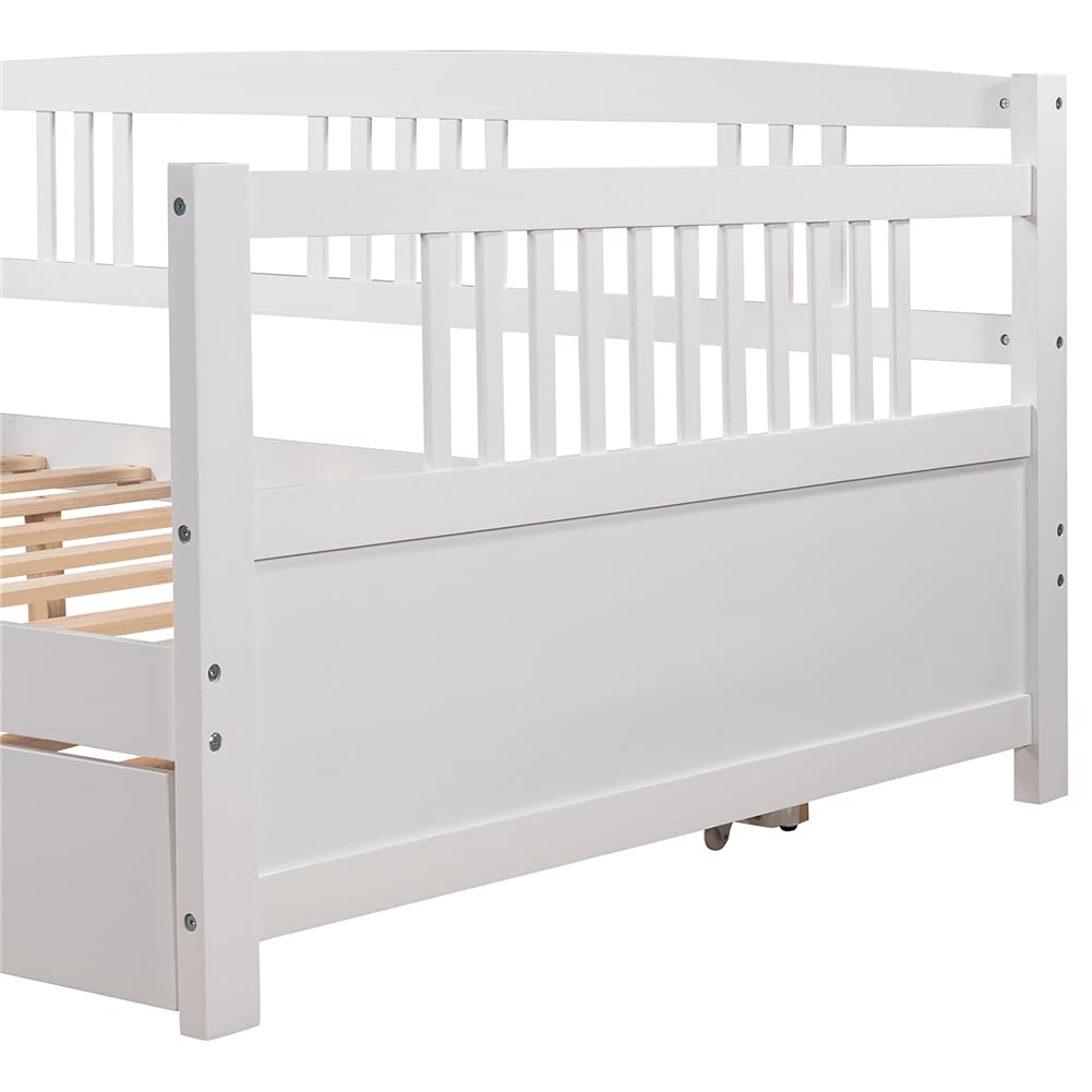 Kids Daybed Sofa Bed with Pull-Out Trundle - White Pinewood Bed Frame with Guardrails & Wood Slats - Space-Saving Furniture for Small Rooms, Guest Bed or Kids Bedroom - Full Size Convertible Sleeper with Wheels