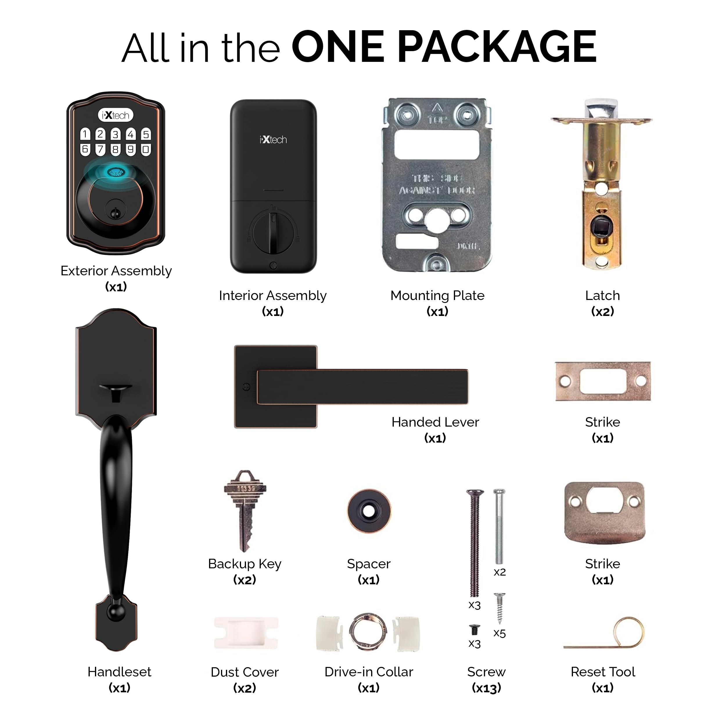 IXTECH Smart Fingerprint Door Lock Set - Keyless Entry Deadbolt with Handle, Auto Lock, Keypad & 2 Keys - Oil Bronze Finish for Home Front Door Security (Perfect for Apartments, Offices & Vacation Homes)