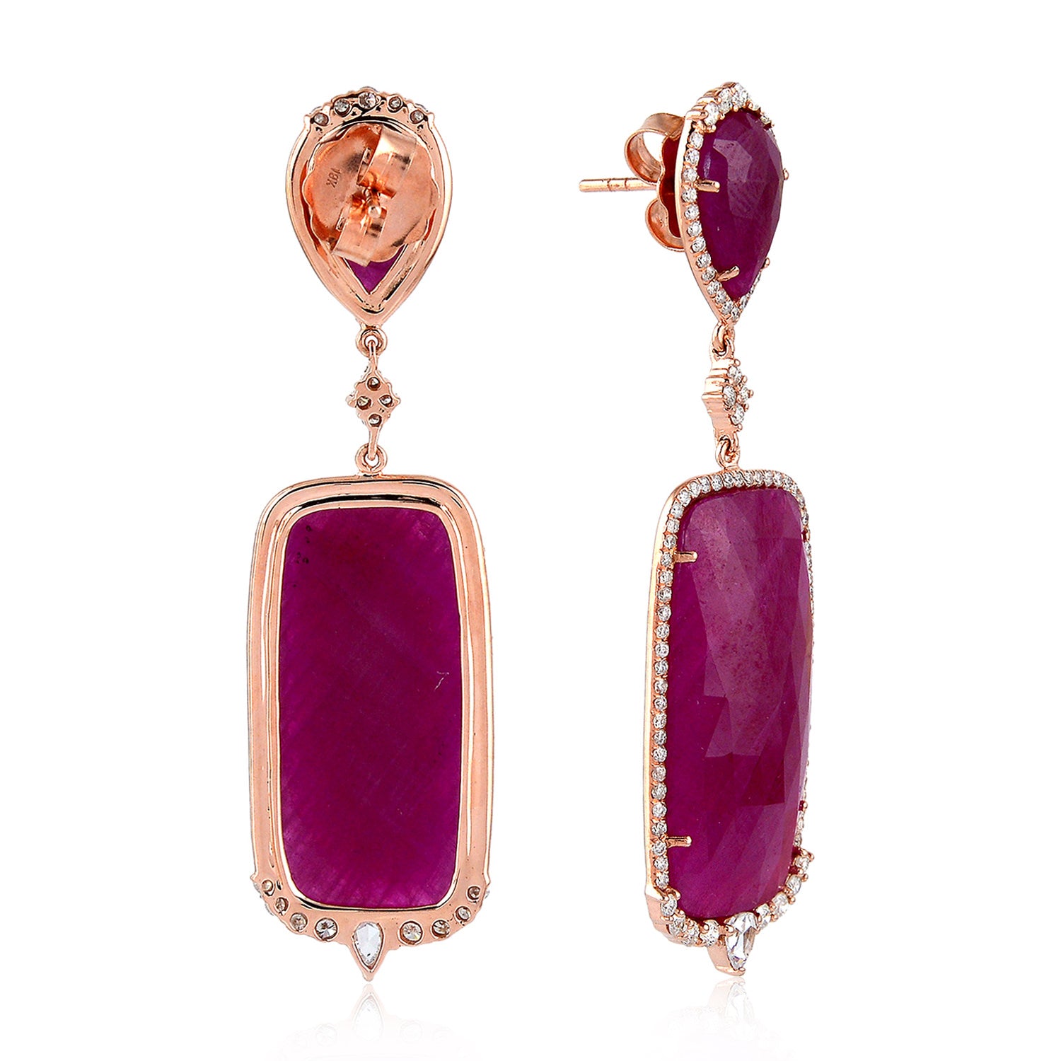 Exquisite Cushion Cut Ruby Gemstone Dangle Earrings with Rose Cut Diamonds in 18K Rose Gold - Perfect for Weddings, Parties & Special Occasions