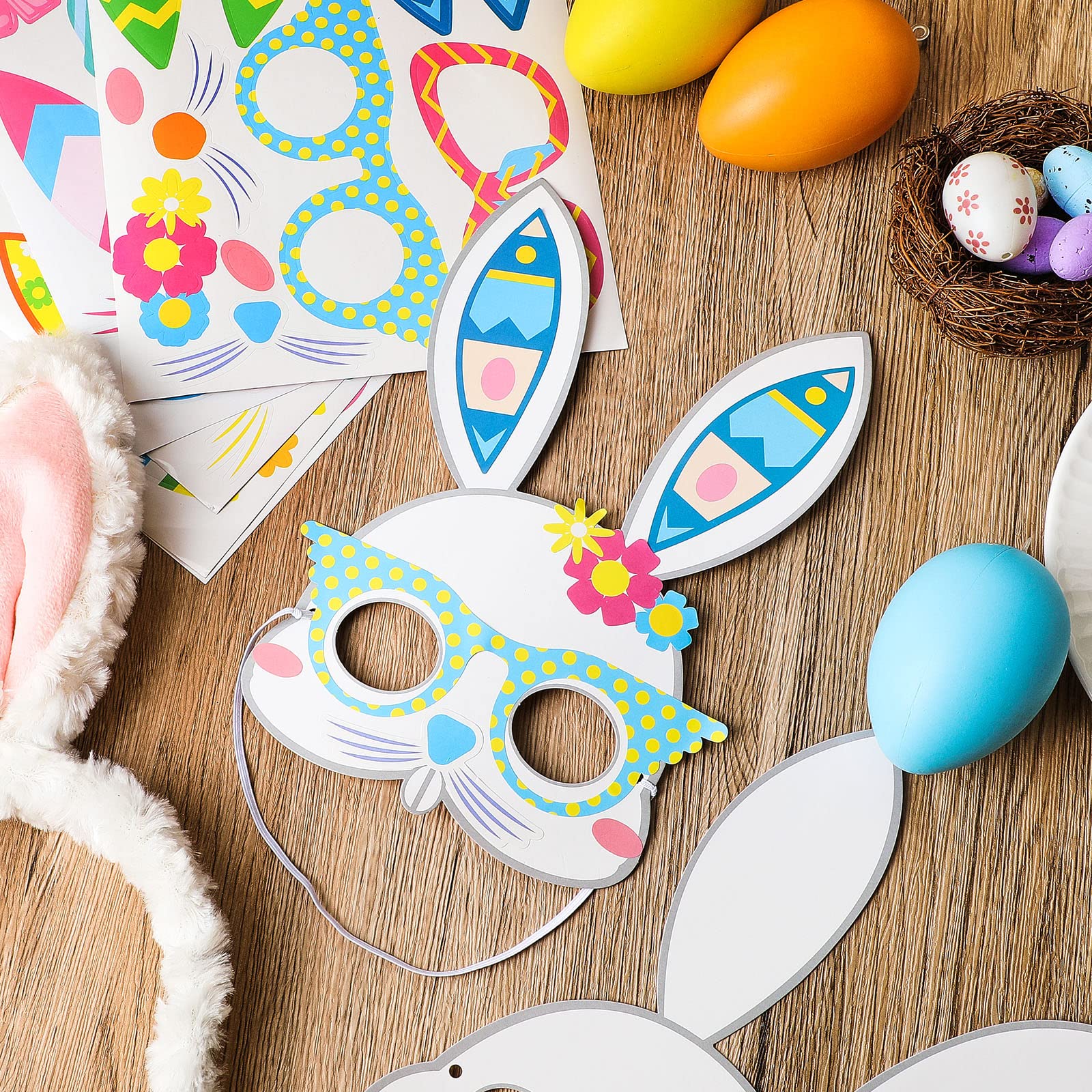 24-Pack DIY Easter Bunny Mask Craft Kits for Kids - Bunny Masks, Stickers & Elastic Bands - Fun Easter Crafts, Pretend Play & DIY Activities - Perfect for Easter Egg Hunts, Theme Parties & Classroom Celebrations