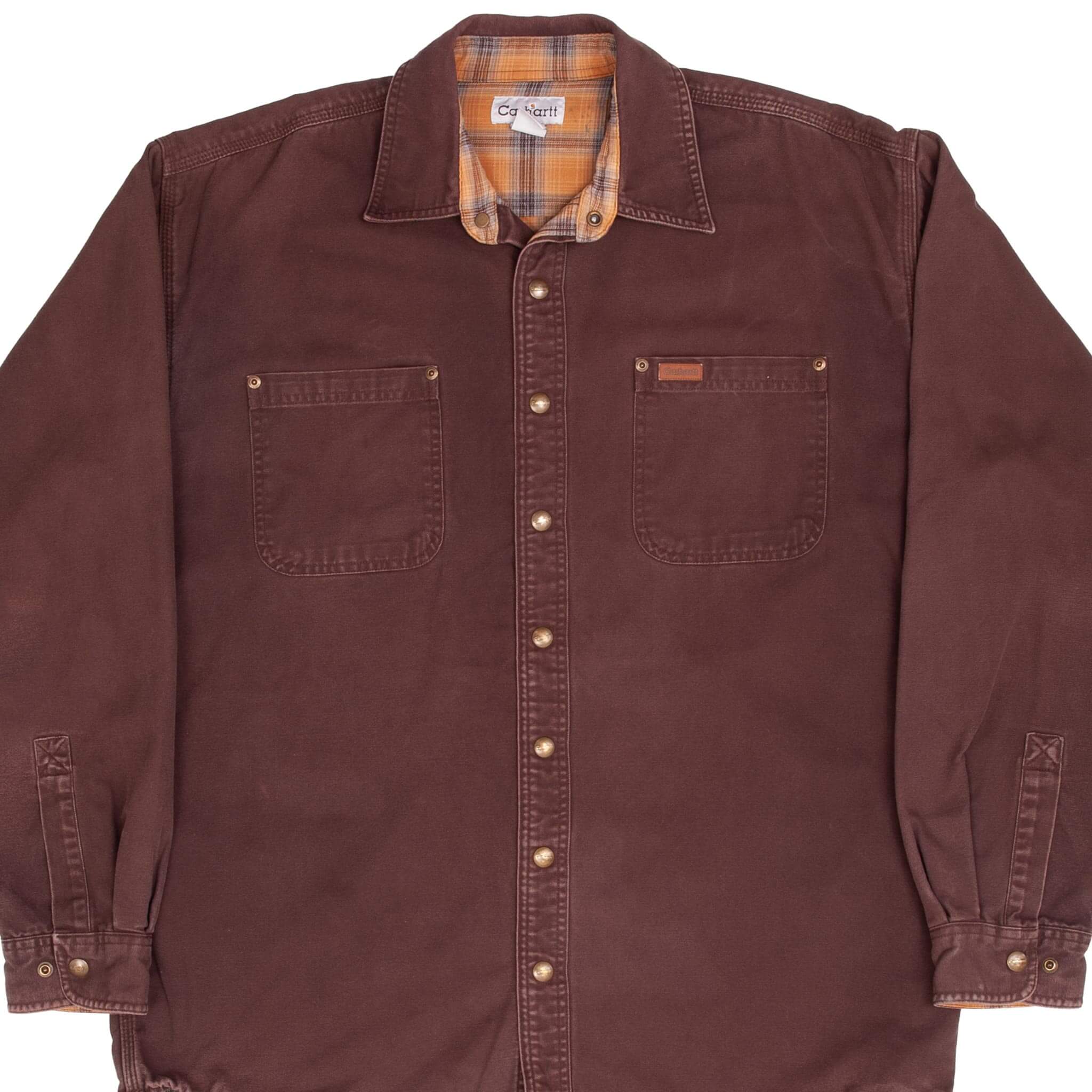 Vintage Carhartt S96 Flannel Lined Brown Canvas Overshirt - Size Large Tall - 2000s Retro Workwear for Outdoor & Casual Wear