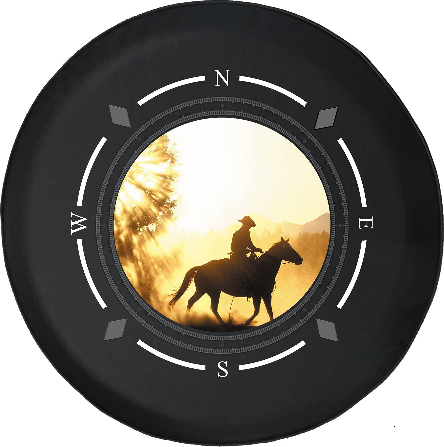 Premium American Unlimited Spare Tire Cover with Compass Design - Horseback Cowboy Riding into The Hills - Universal Fit for SUV, Trailer, RV & Most Vehicles - Perfect for Off-Road Adventures & Camping Trips