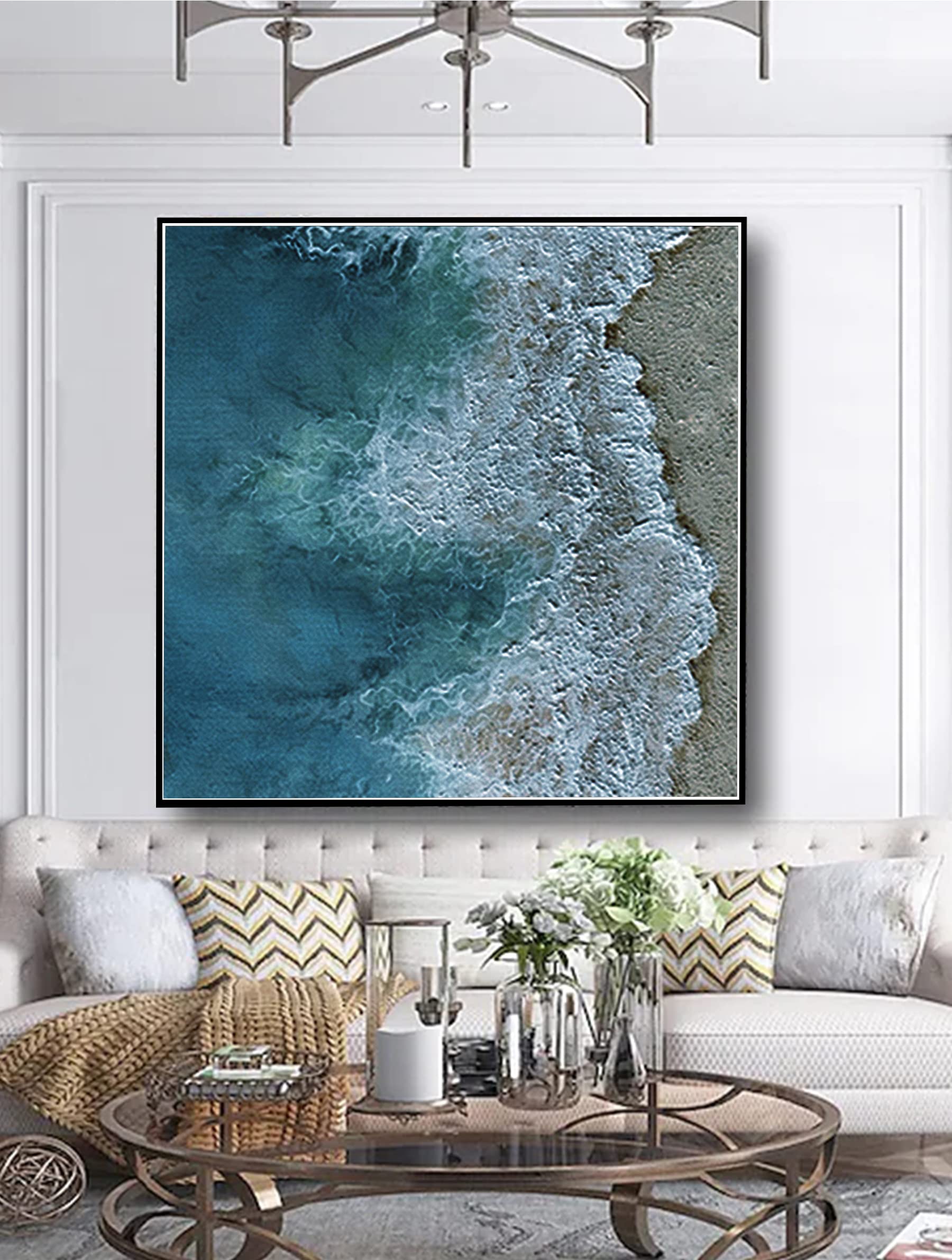 Original Abstract Minimalist Ocean Acrylic Painting - White Waves Wall Art for Living Room - Large 40x40 Inch Canvas Artwork - Perfect for Modern Home Decor & Office Wall Decor