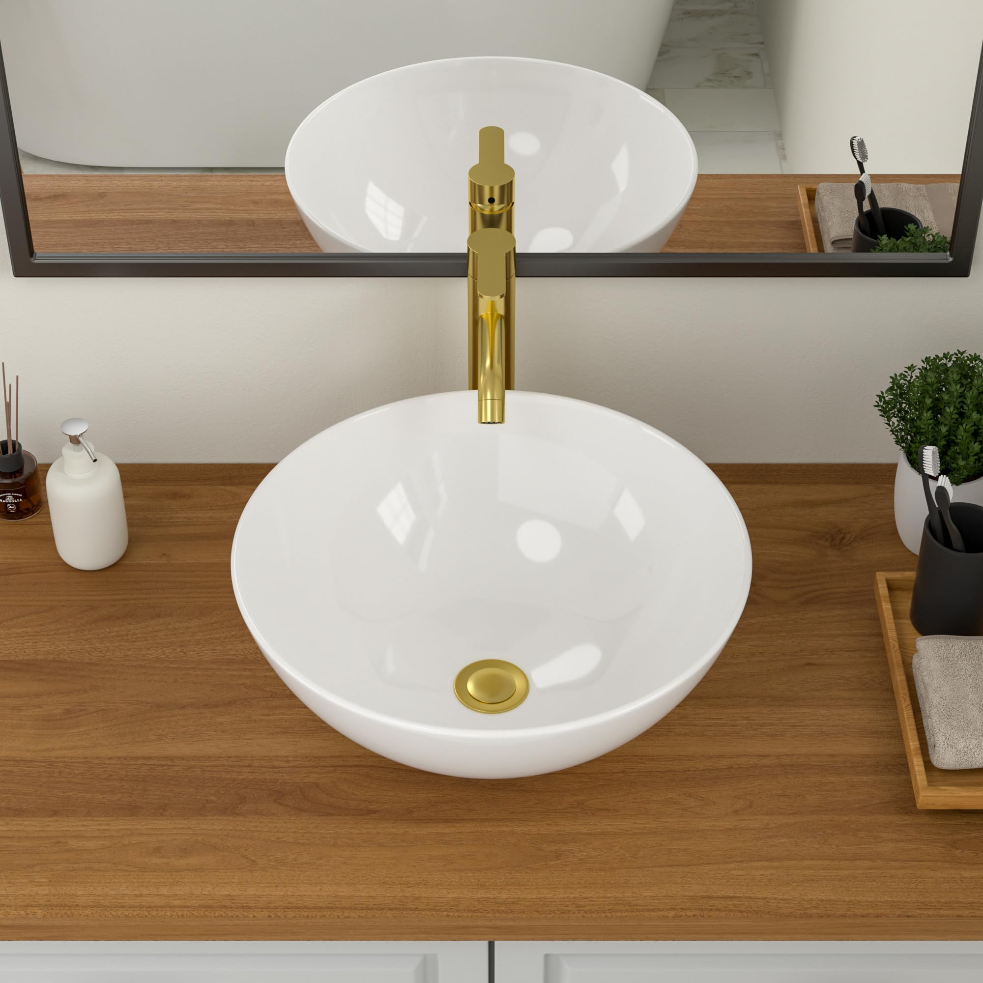 Logmey 16x16 Inch Round White Porcelain Vessel Sink - Modern Above Counter Bathroom Vanity Basin for Powder Room, Guest Bath & Master Bath | Durable Ceramic Design