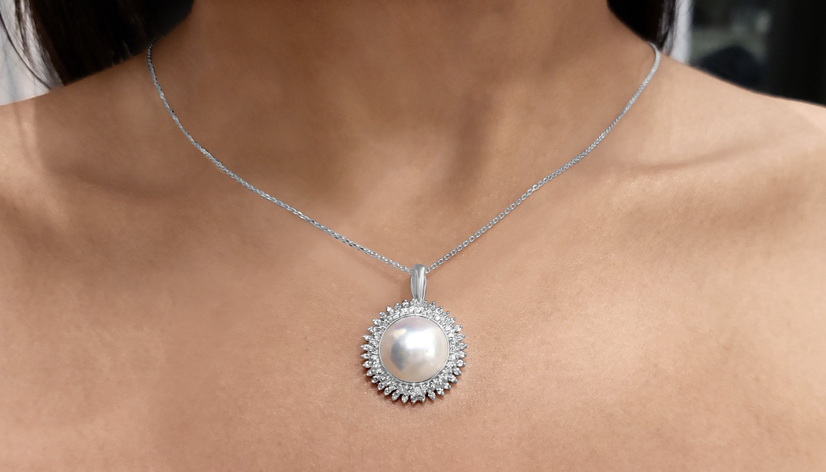 14K White Gold Mother of Pearl Diamond Halo Pendant Necklace .57cttw - Elegant Jewelry Gift for Women, Perfect for Weddings, Anniversaries & Special Occasions