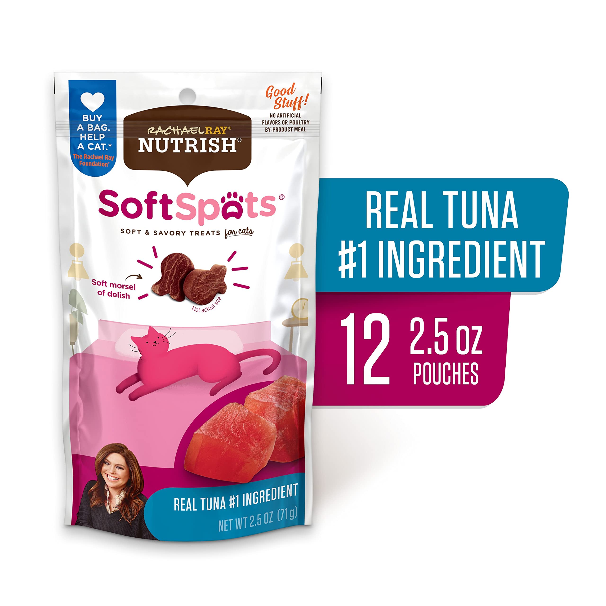 Rachael Ray Nutrish Soft Spots Cat Treats - Tuna Flavor, 2.5oz (12 Pack) | Healthy Natural Cat Snacks for Training & Rewards | Perfect for Indoor Cats & Kittens