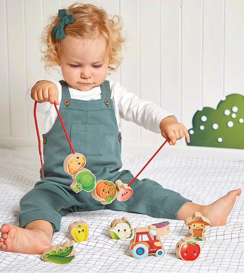 Janod Vegetable Garden Threading Beads - Educational Wooden Toy for Kids Fine Motor Skills Development - Perfect for Preschool Learning & Montessori Activities