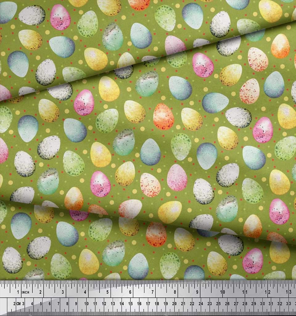Soimoi Japanese Crepe Fabric - 42 Inch Wide Green Easter Egg Printed Textile by The Yard - Playful Design for DIY Crafts, Easter Decorations, Sewing Projects & Home Decor