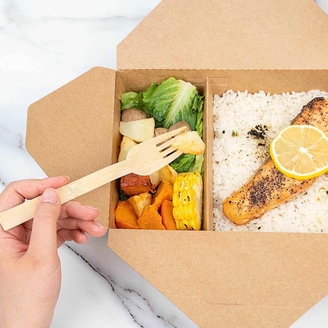 Eco-Friendly 50oz Kraft Paper Take Out Containers - 200 Pack of 2-Compartment Greaseproof Food Boxes with Secure Tab-Lock Closure | Perfect for Restaurants, Catering & Meal Prep | Safe for Hot/Cold Foods, Burgers, Salads & Leftovers