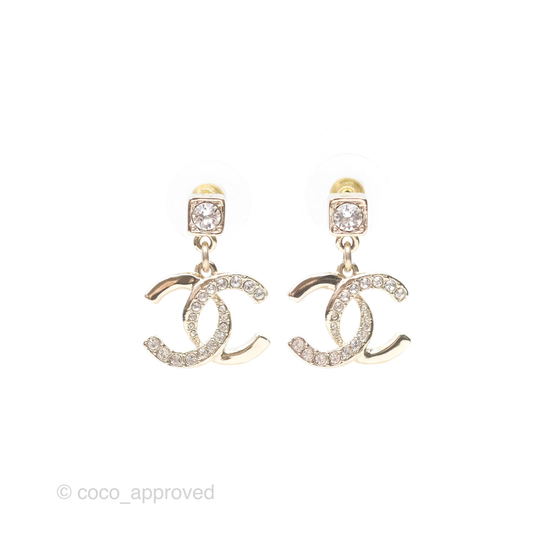 Chanel CC Crystal Drop Earrings - Gold Tone 24P Elegant Dangle Earrings for Women | Perfect for Parties, Weddings & Evening Events