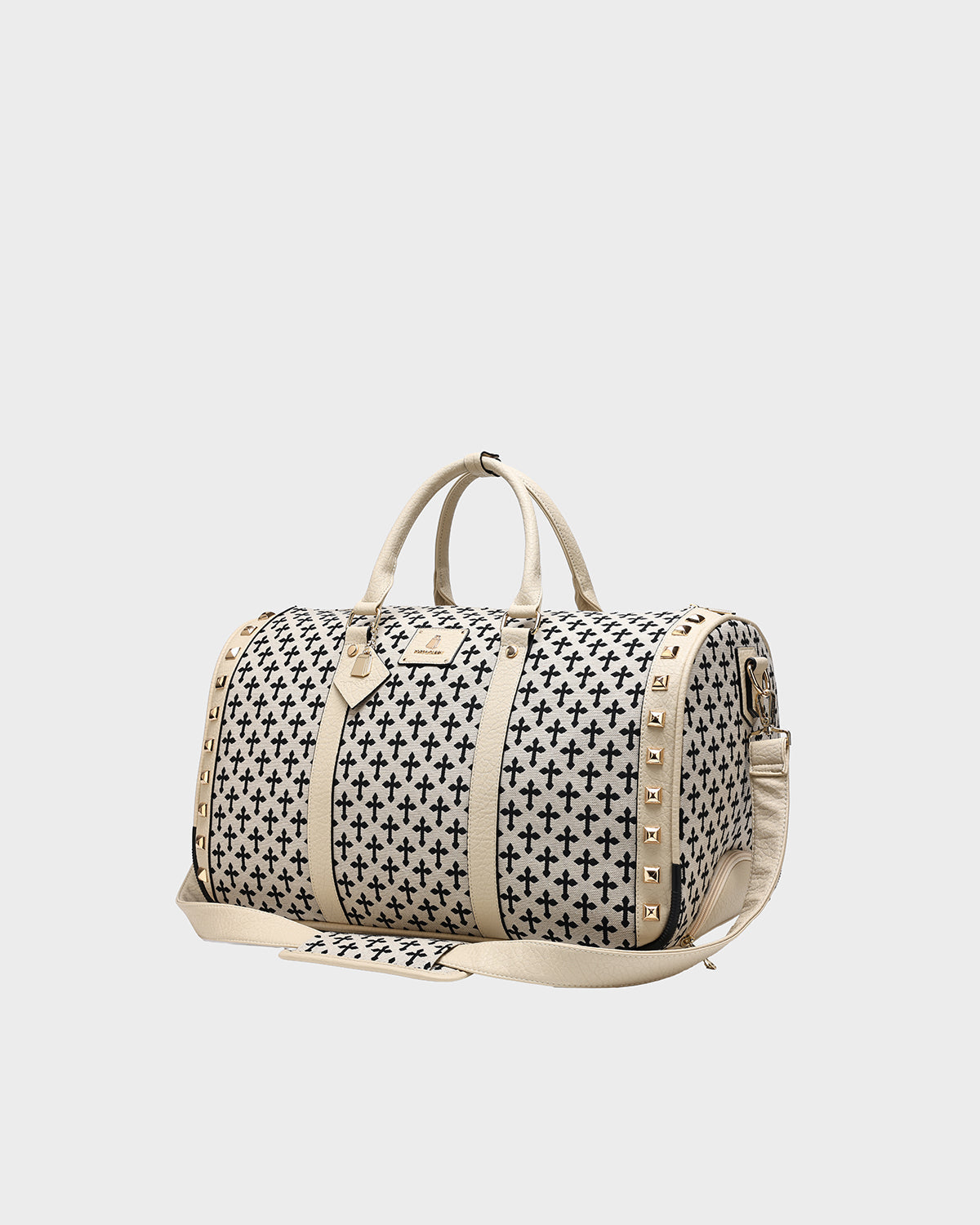 **Cream White Cross Spiked Rolling Duffle Bag - Stylish Travel Luggage for Gym, Weekend Trips & Airplane Carry-On**