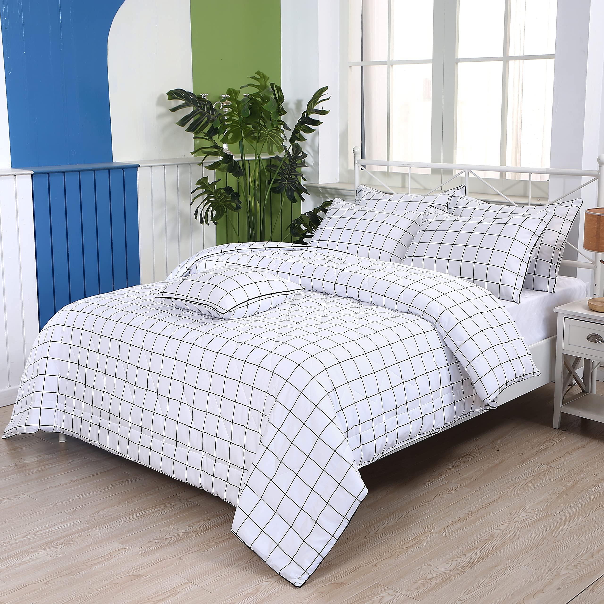 FADFAY White Plaid Comforter Set - 100% Cotton Buffalo Check Summer Quilt with Deep Pocket Sheets (6 Piece Queen Size) | Cozy Bedroom Decor for Guest Rooms & Farmhouse Style Homes