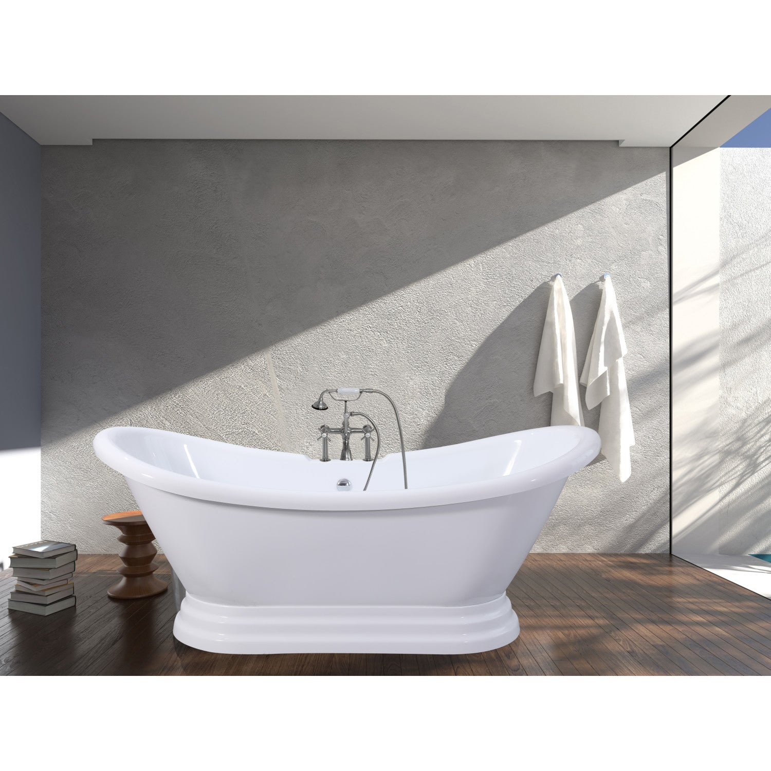 Aqua Eden 69 Inch Acrylic Oval Double Slipper Pedestal Bathtub with 7 Inch Faucet Drillings - Glossy White - Luxury Freestanding Soaking Tub for Spa-Like Bathroom Retreat