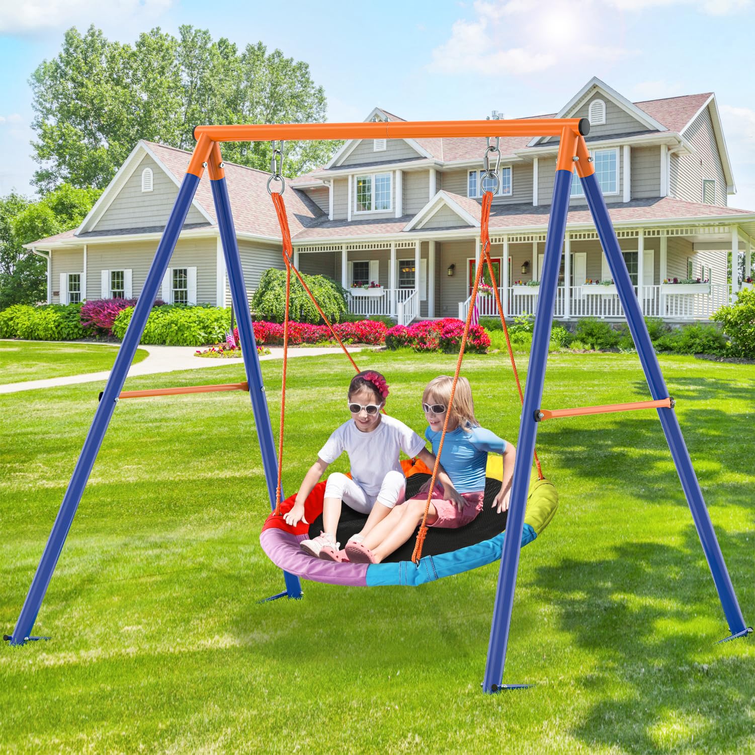 GIKPAL 440lbs Heavy-Duty Saucer Swing Set with Metal Frame & Adjustable Ropes - Outdoor Kids Swing for Backyard, Playground, Park - Waterproof Rainbow Round Swing for Toddlers & Children (Perfect for Outdoor Play, Family Fun & Backyard Activities)