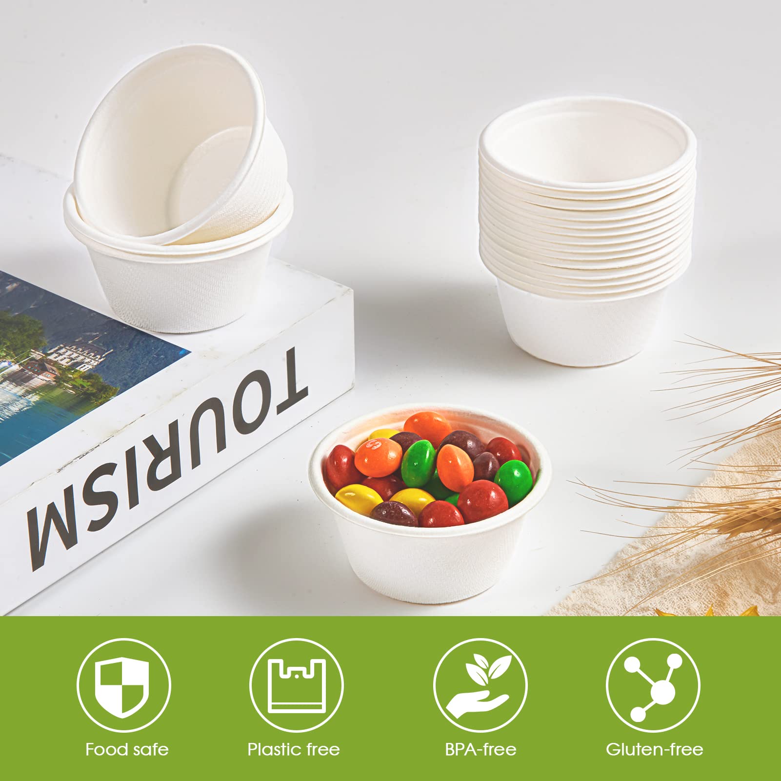 ECOLipak 200-Pack 2 oz Compostable Portion Cups | 100% Biodegradable Souffle Cups | Disposable Paper Cups for Condiment Samples, Sauces, Dressings & Food Tasting | Perfect for Restaurants, Catering & Parties