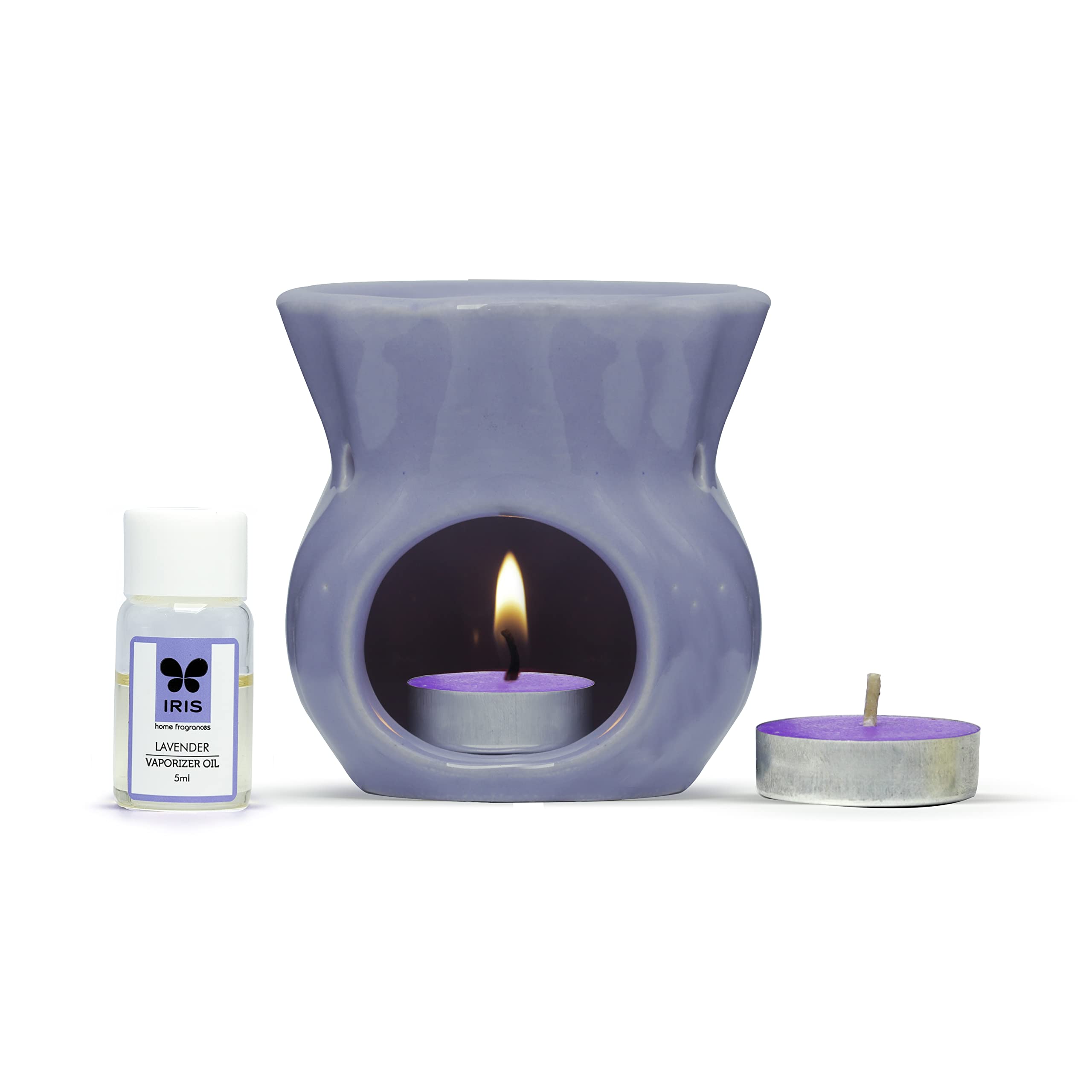 Premium IRIS Ceramic Vaporizer with 5ml Lavender Essential Oil & 2 Tea Lights - Elegant Home Fragrance Diffuser for Aromatherapy, Relaxation & Spa-Like Ambience - Perfect for Bedrooms, Living Rooms & Office Spaces
