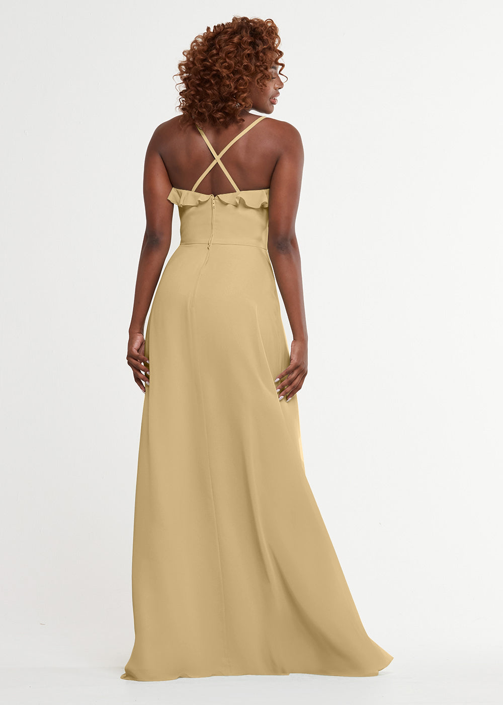 Elegant 80174 Chiffon A-Line Bridesmaid Dress with Ruffles & High Slit - Perfect for Weddings, Formal Events & Special Occasions