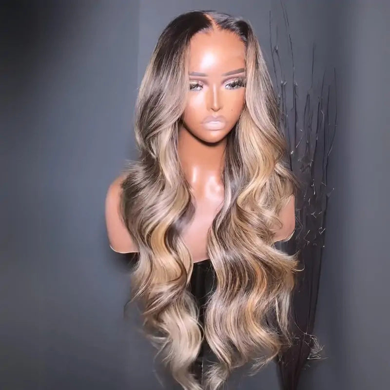 Eullair Glueless Human Hair Wig - Balayage Blonde with Black Roots, Body Wave, Lace Frontal Wig for Women | Perfect for Daily Wear, Parties, and Special Occasions