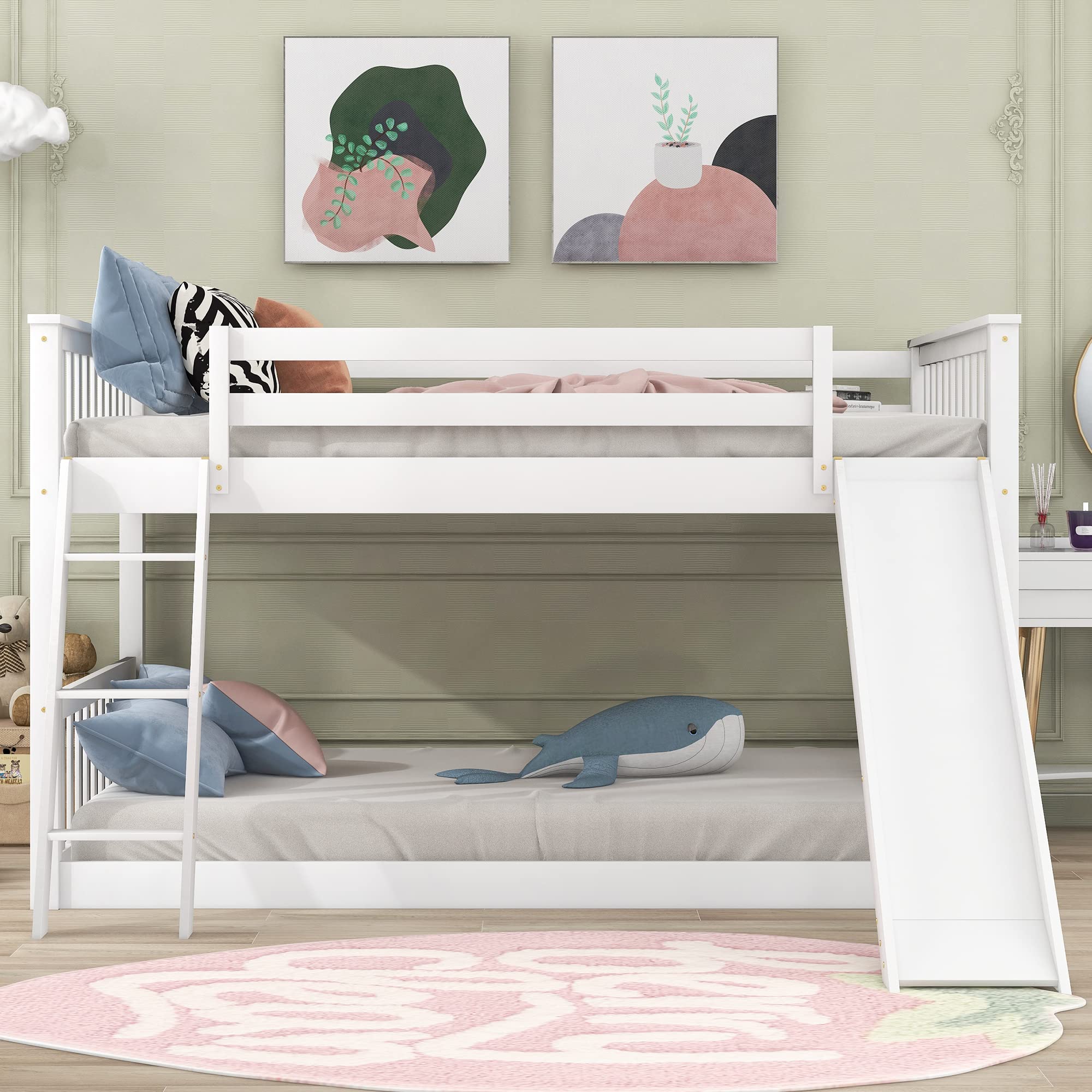 SOFTSEA Full Over Full Bunk Bed with Convertible Slide - Low Profile Kids Bunk Bed in White - Perfect for Small Bedrooms, Shared Kids Rooms & Sleepovers