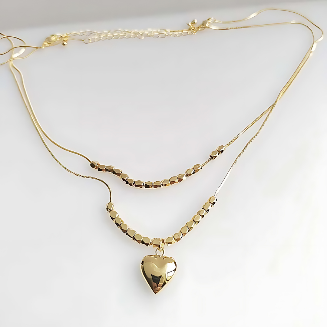 2-Way Heart Pendant Gold Cube Layering Necklace for Women - Elegant Minimalist Jewelry Gift for Valentine's Day, Anniversary & Everyday Wear | R2108