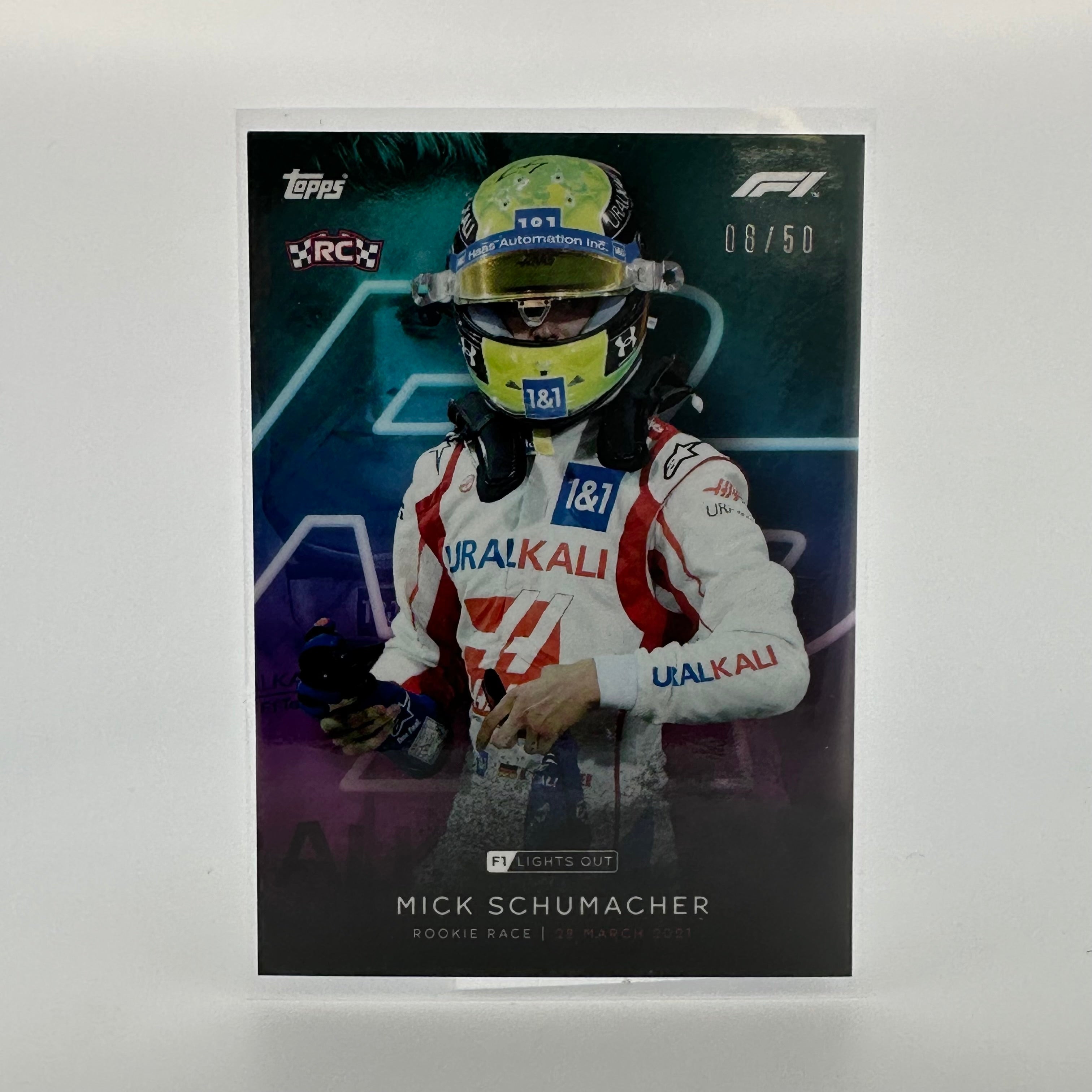 2021 Topps Chrome Formula 1 Mick Schumacher Rookie Aqua Parallel #08/50 - Collectible Racing Card for F1 Fans & Sports Memorabilia Enthusiasts