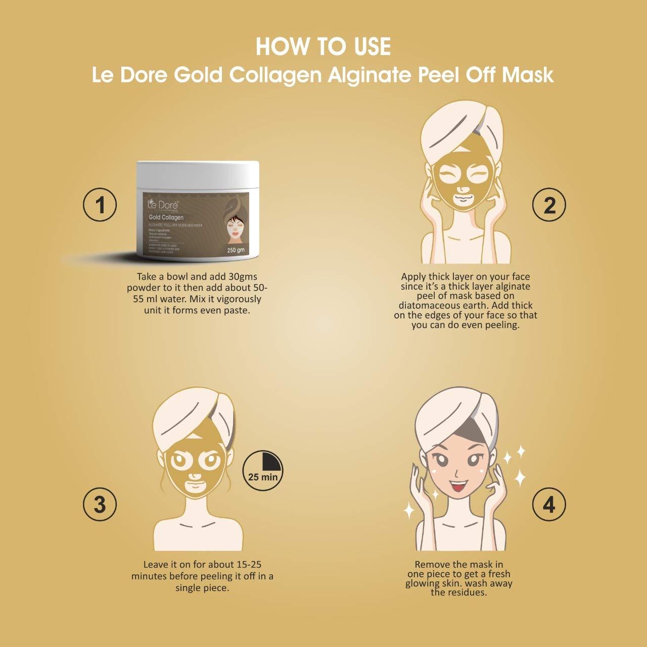 Le Dore Gold Collagen Peel-Off Mask - Firming, Toning & Hydrating Alginate Face Mask for Glowing Skin & Pore Tightening | Soothes & Revitalizes Skin | For Men & Women | 250g | Perfect for Spa Nights, Self-Care Routines & Skin Rejuvenation
