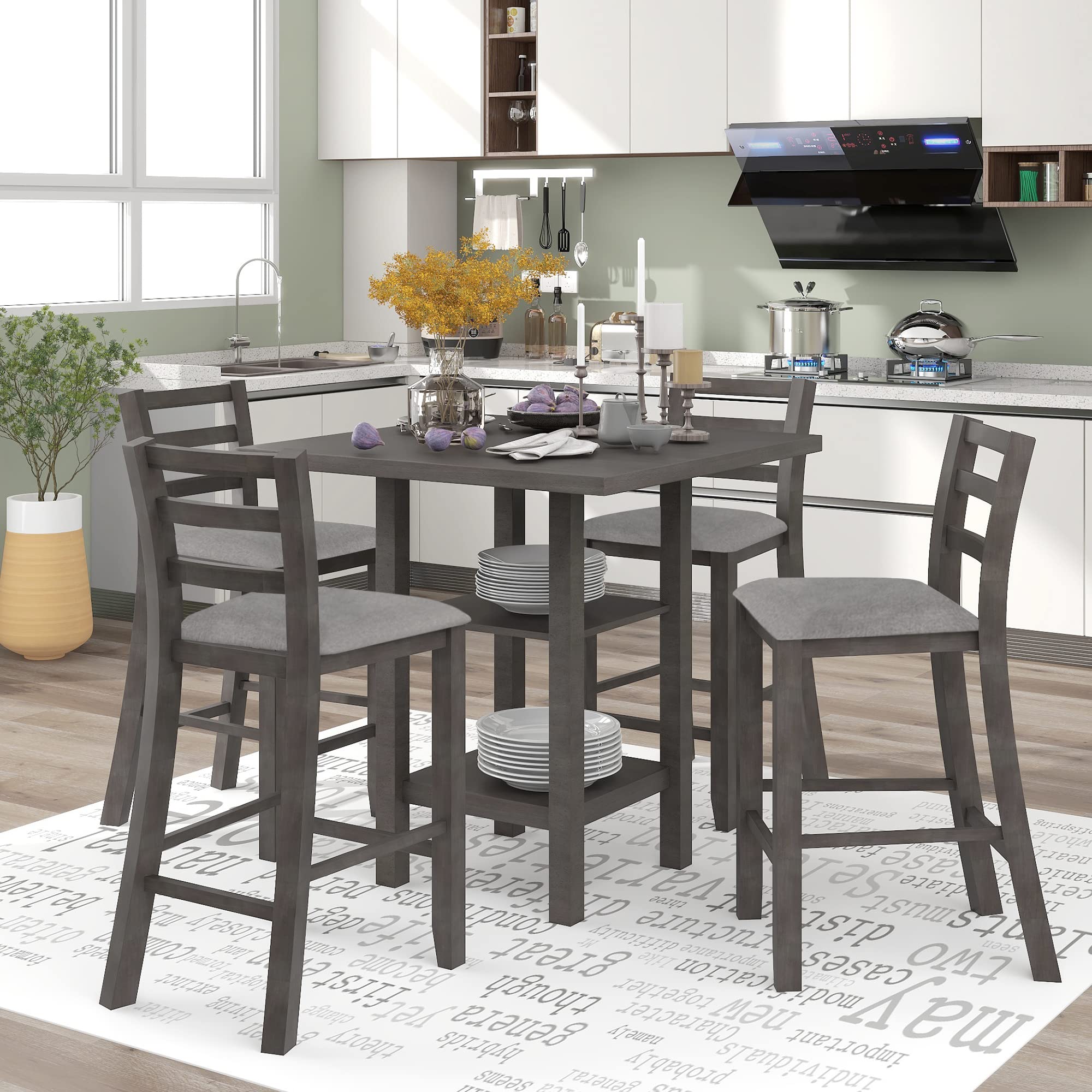 AOCOROE 5-Piece Counter Height Dining Table Set for 4 - 35 x 35 Inch Wood Table with 4 Padded Chairs - Perfect for Small Spaces, Dinette Kitchen, Breakfast Nook & Dining Room - Modern Farmhouse Style