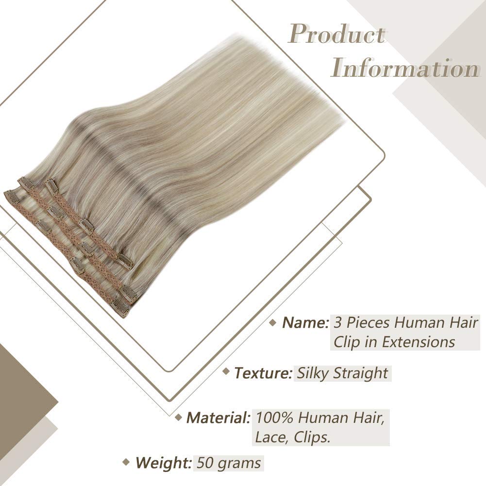 Clip in Human Hair Extensions 20 Inch - Real Platinum Blonde & Grey Highlighted Hair - 3pc & 9pc Sets for Volume & Length - Perfect for Parties, Weddings & Daily Styling
