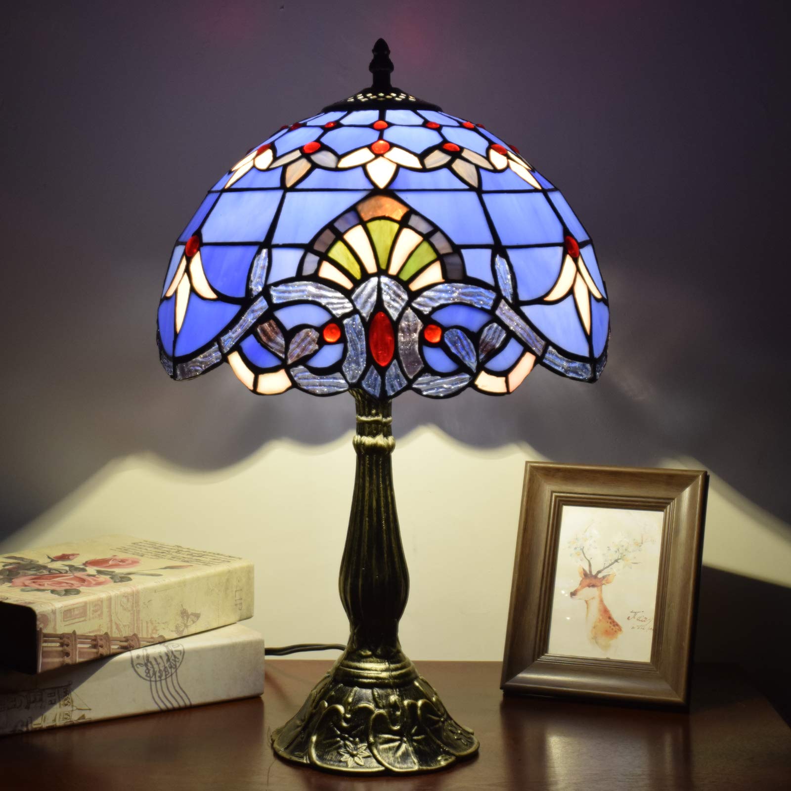 Tiffany Style Stained Glass Table Lamp - Blue Baroque Design for Bedroom, Living Room, Office & Dorm | Includes Light Bulb | Perfect for Reading, Decor & Gift Giving (12x12x18 Inches)