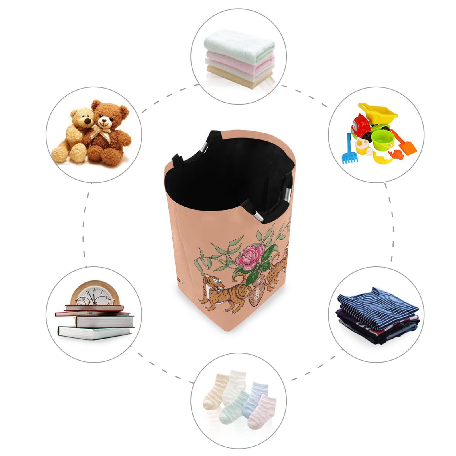 Susiyo Tigers with Flower Vase Chinoiserie Laundry Basket - Large Collapsible Freestanding Storage Hamper with Thick Handles for Bathroom, Dorm, Toys & Clothing Organization - Perfect for Home Decor, Laundry Room, and Bedroom Storage
