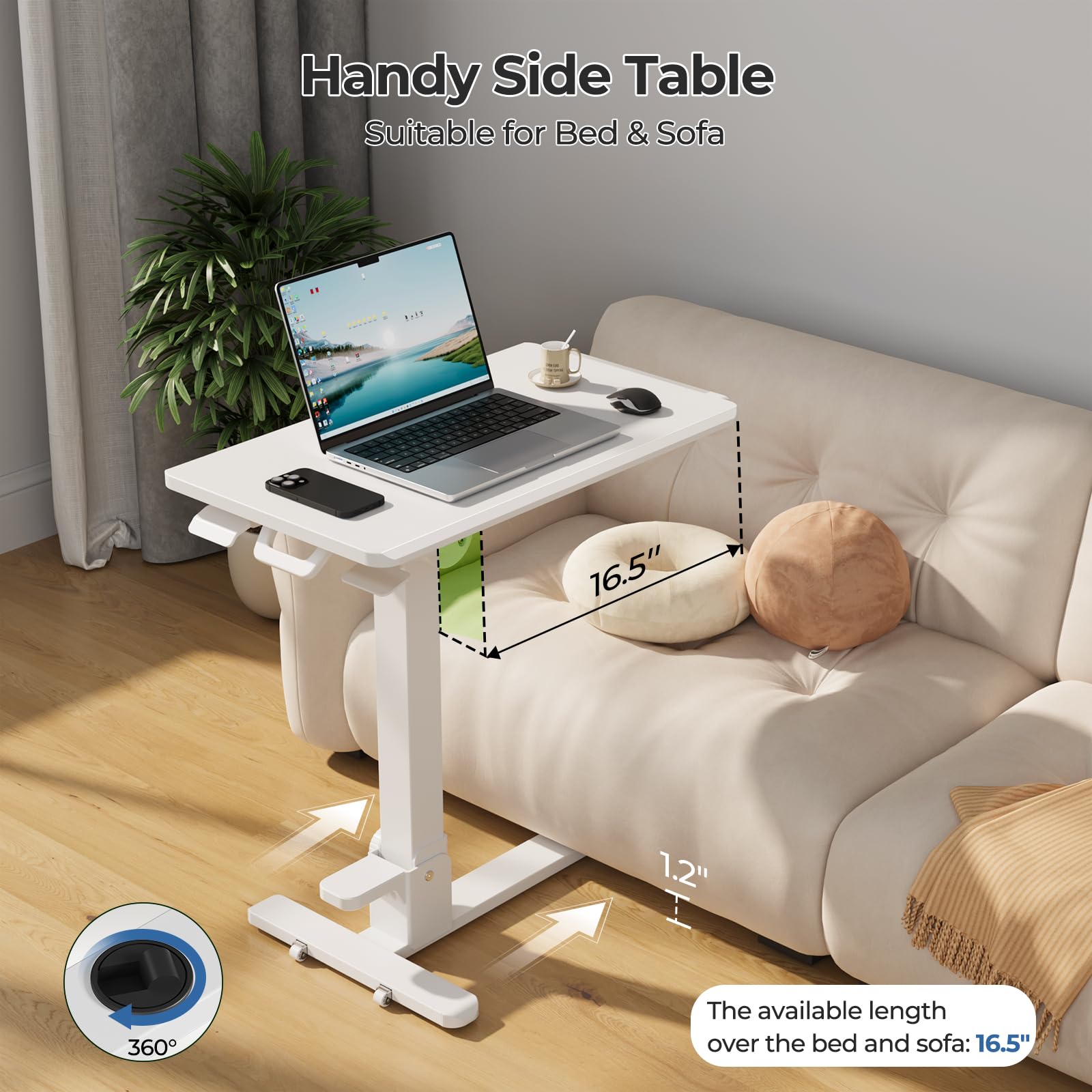 Foldable Mobile Standing Desk - 27 Inch Adjustable Height Rolling Laptop Cart with 90° Tiltable Tabletop, No Assembly Needed Portable Computer Workstation (White) - Perfect for Home Office, Bedroom Study & Small Space Working