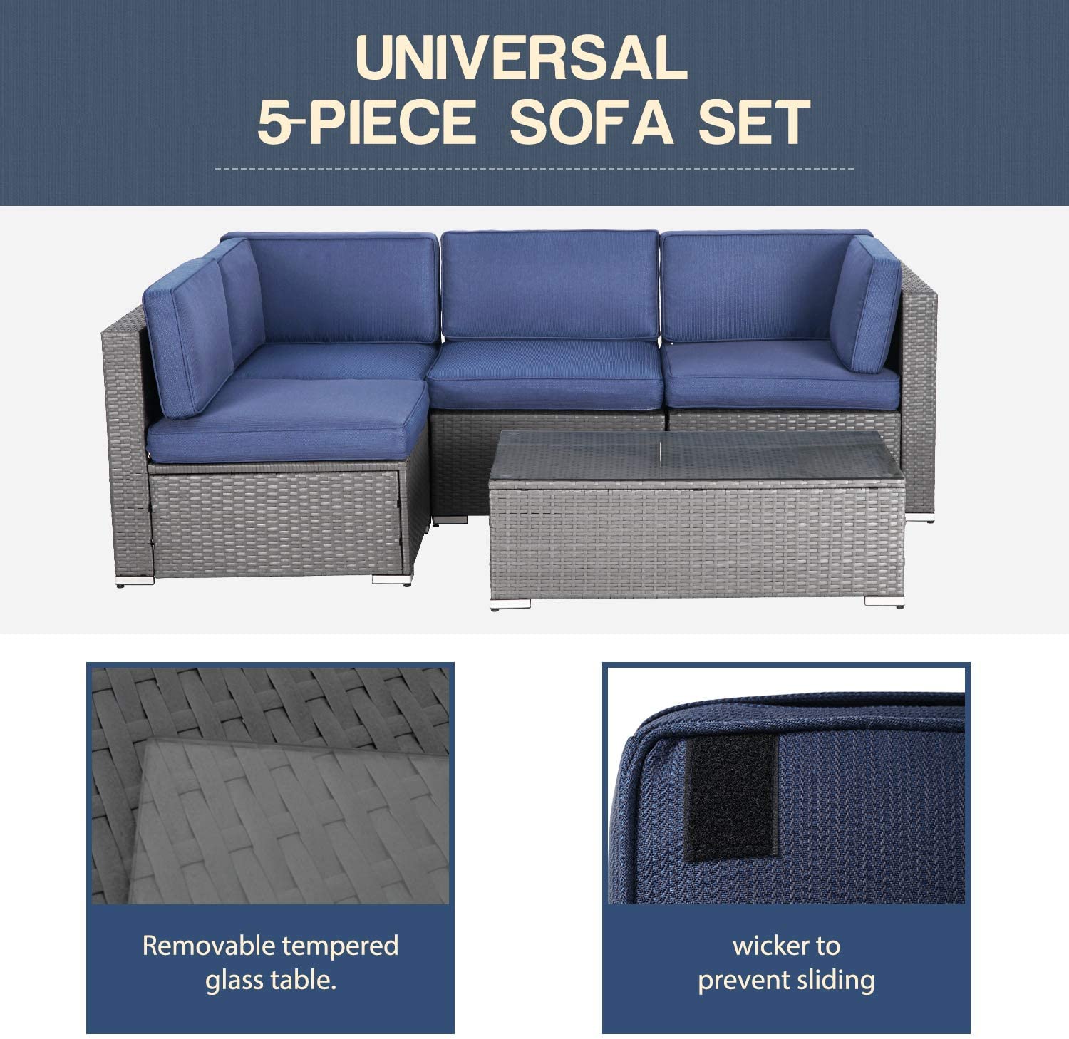 5-Piece All-Weather Outdoor Patio Furniture Set - Grey Wicker Sectional Sofa with Dark Blue Cushions & Glass Coffee Table - Perfect for Backyard, Garden, Poolside or Deck Relaxation