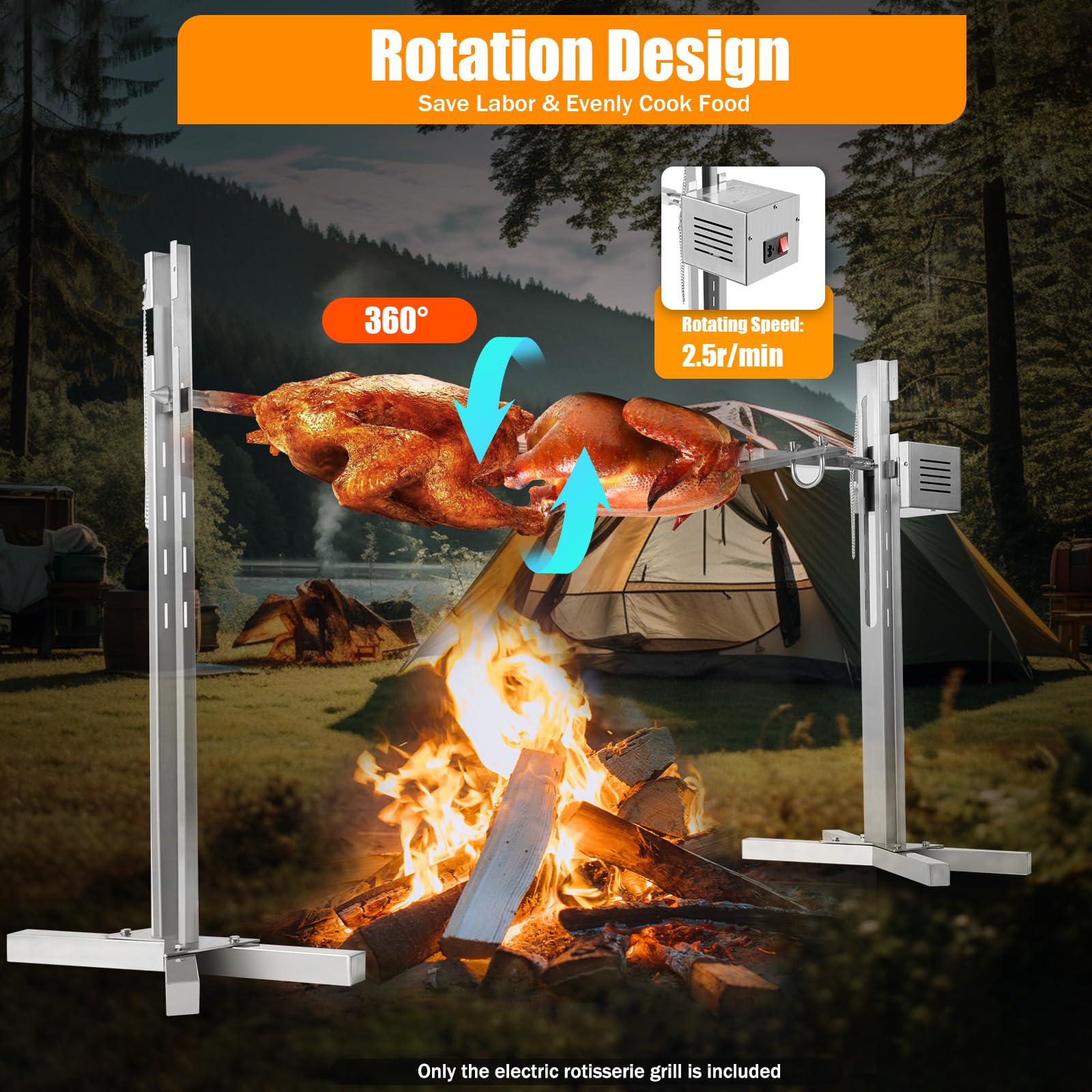 Electric Rotisserie Grill Roaster - 15W Motor, 70KG Capacity, Stainless Steel for Pig, Chicken, Lamb - Perfect for BBQ, Camping, Picnic & Outdoor Cooking